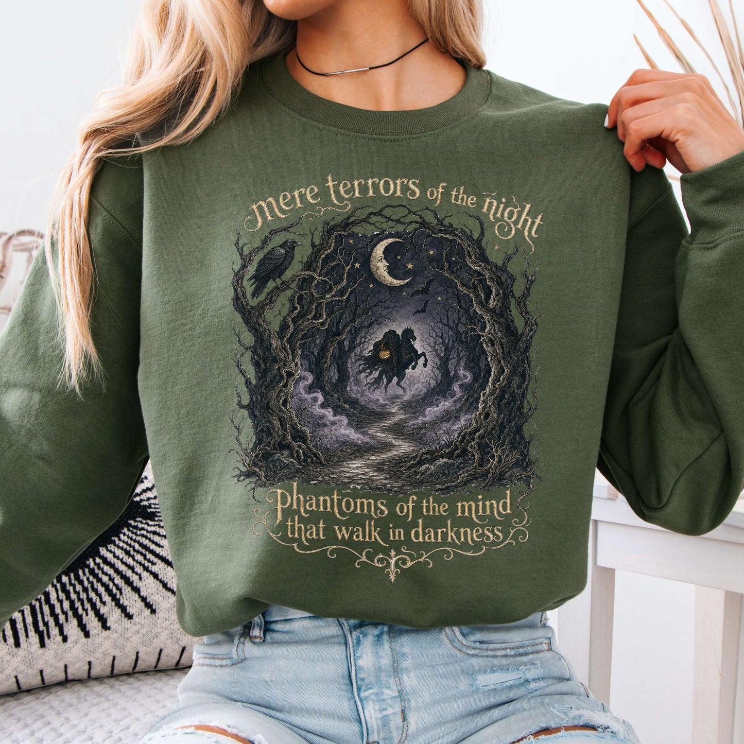 Sweatshirt Military Green / S Mere Terrors of the Night Sleepy Hollow Literary Crewneck Sweatshirt The Mystic Eden