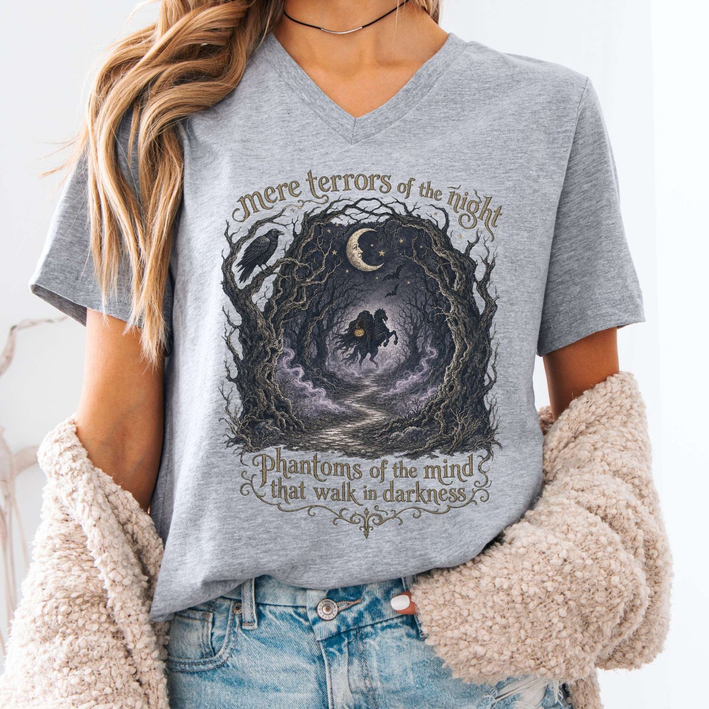 V-neck Athletic Heather / S Mere Terrors of the Night Sleepy Hollow Literary V-Neck The Mystic Eden