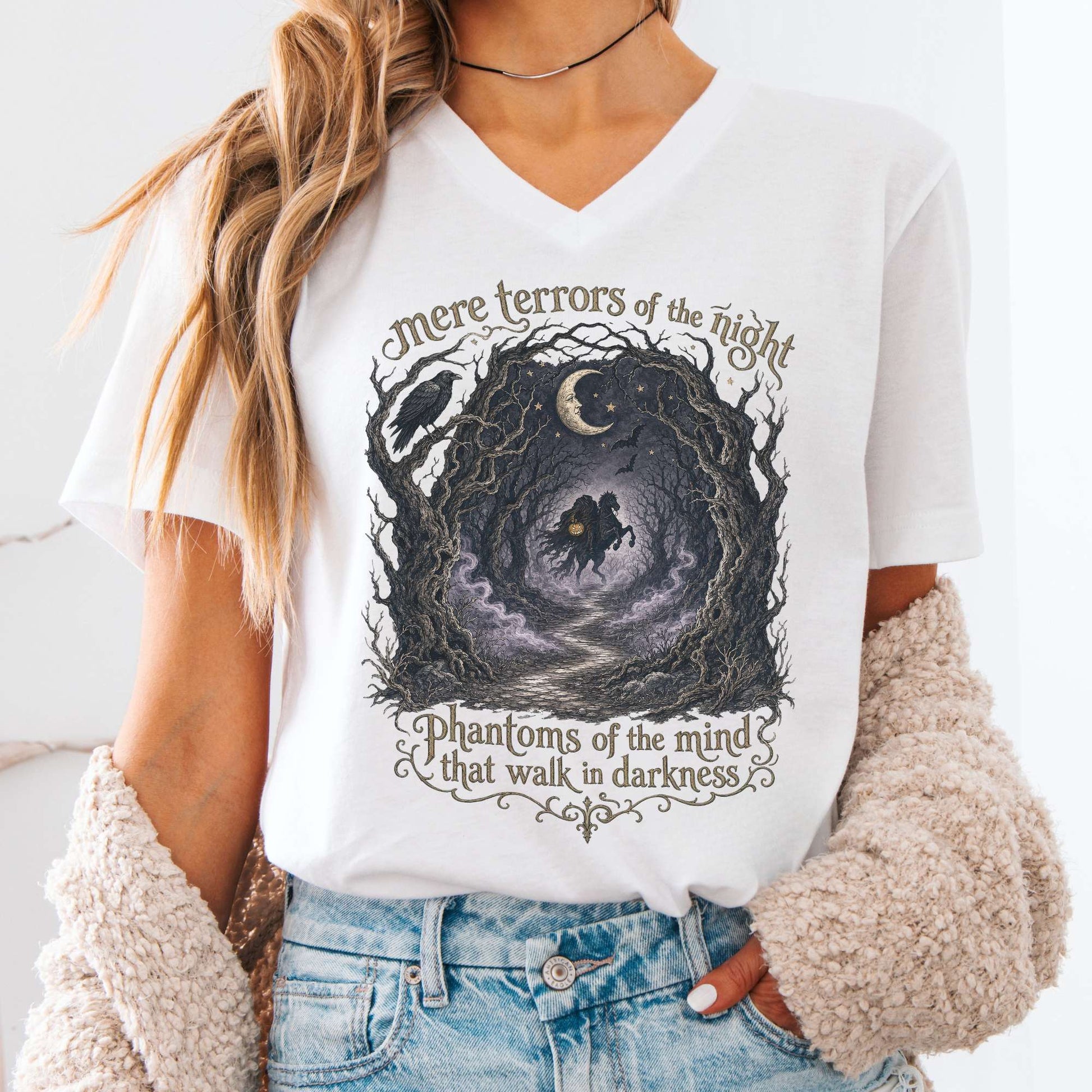 V-neck White / S Mere Terrors of the Night Sleepy Hollow Literary V-Neck The Mystic Eden