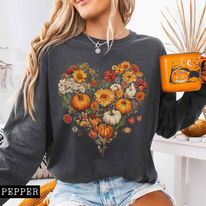 Pumpkin floral fall heart - long sleeve tee