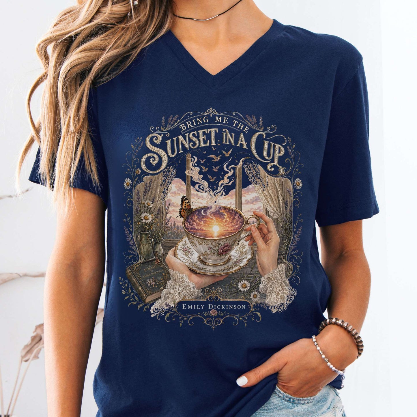 V-neck Navy / S Bring Me the Sunset in a Cup Emily Dickinson Literary V-Neck The Mystic Eden