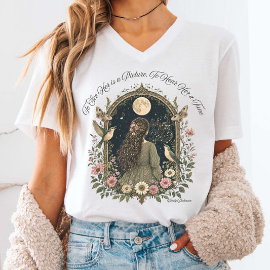 V-neck White / S To See Her Is a Picture, To Hear Her a Tune Dickinson V-Neck The Mystic Eden