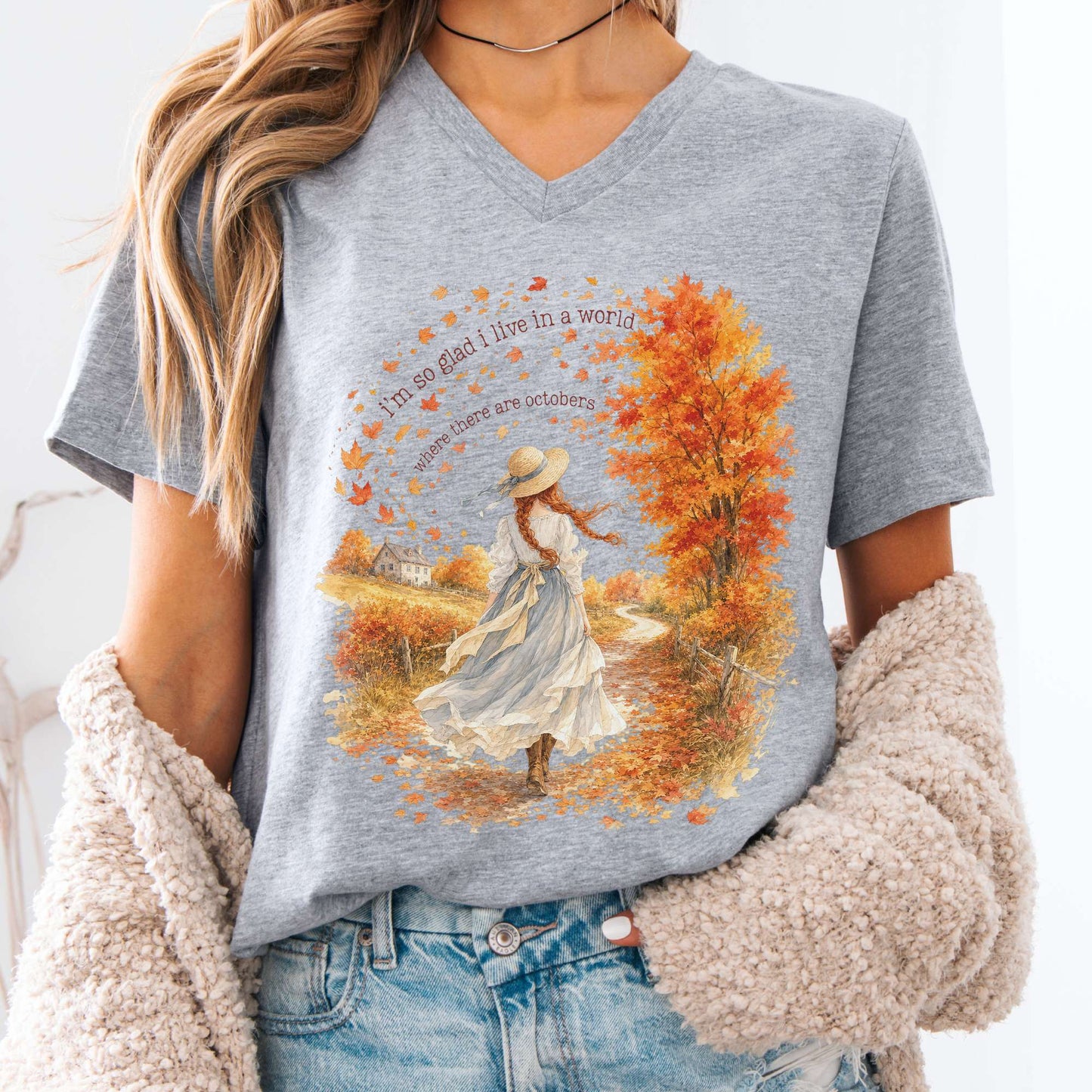 V-neck Athletic Heather / S I'm So Glad I Live In A World Anne of Green Gables Literary V-Neck The Mystic Eden
