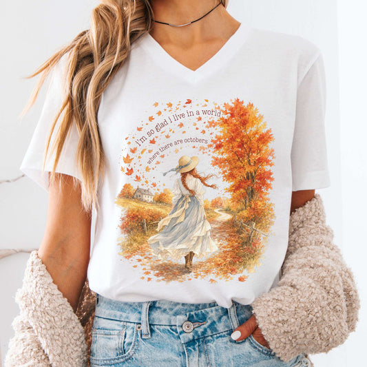 V-neck White / S I'm So Glad I Live In A World Anne of Green Gables Literary V-Neck The Mystic Eden