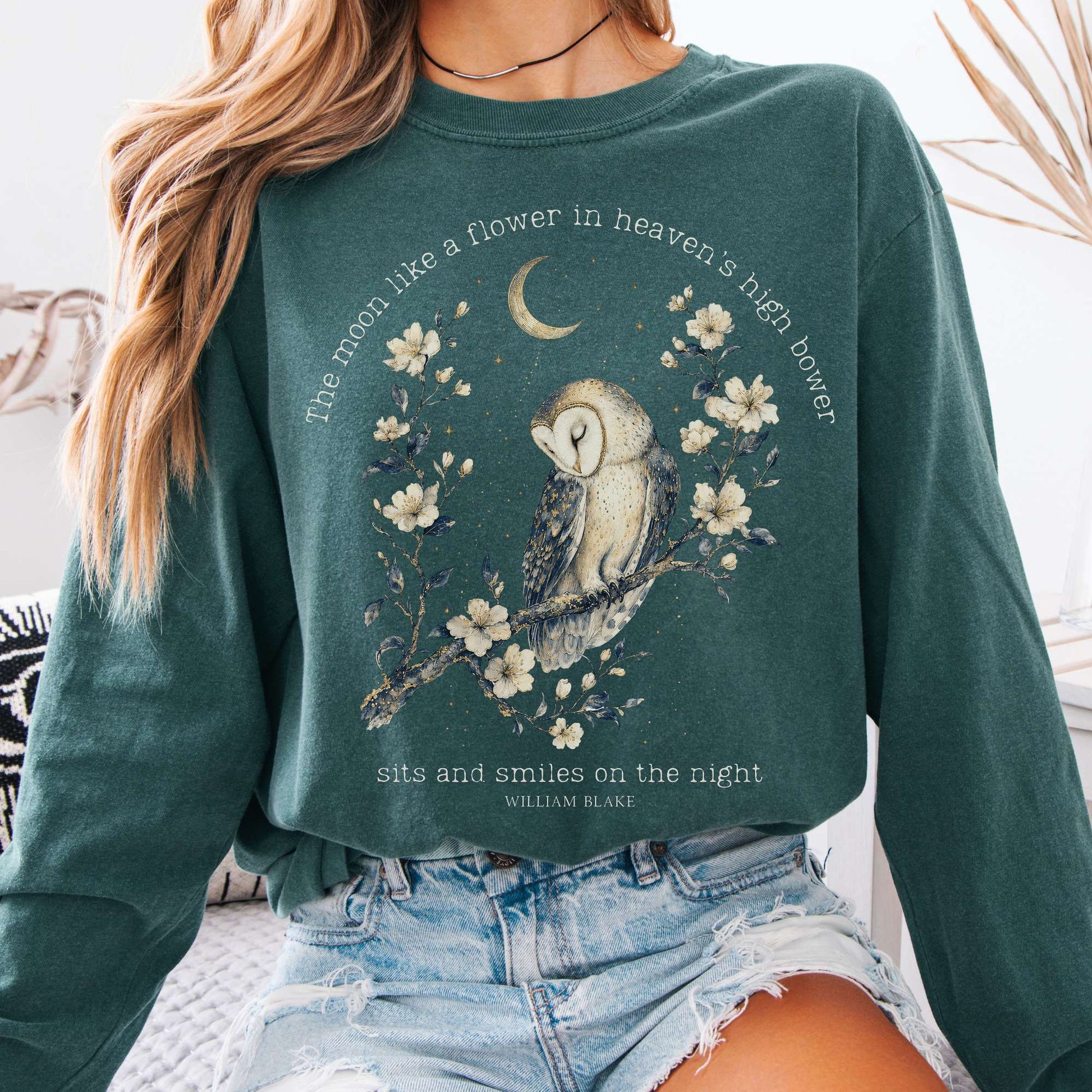 Long-sleeve Blue Spruce / S The Moon Smiles On The Night William Blake Literary Long Sleeve The Mystic Eden