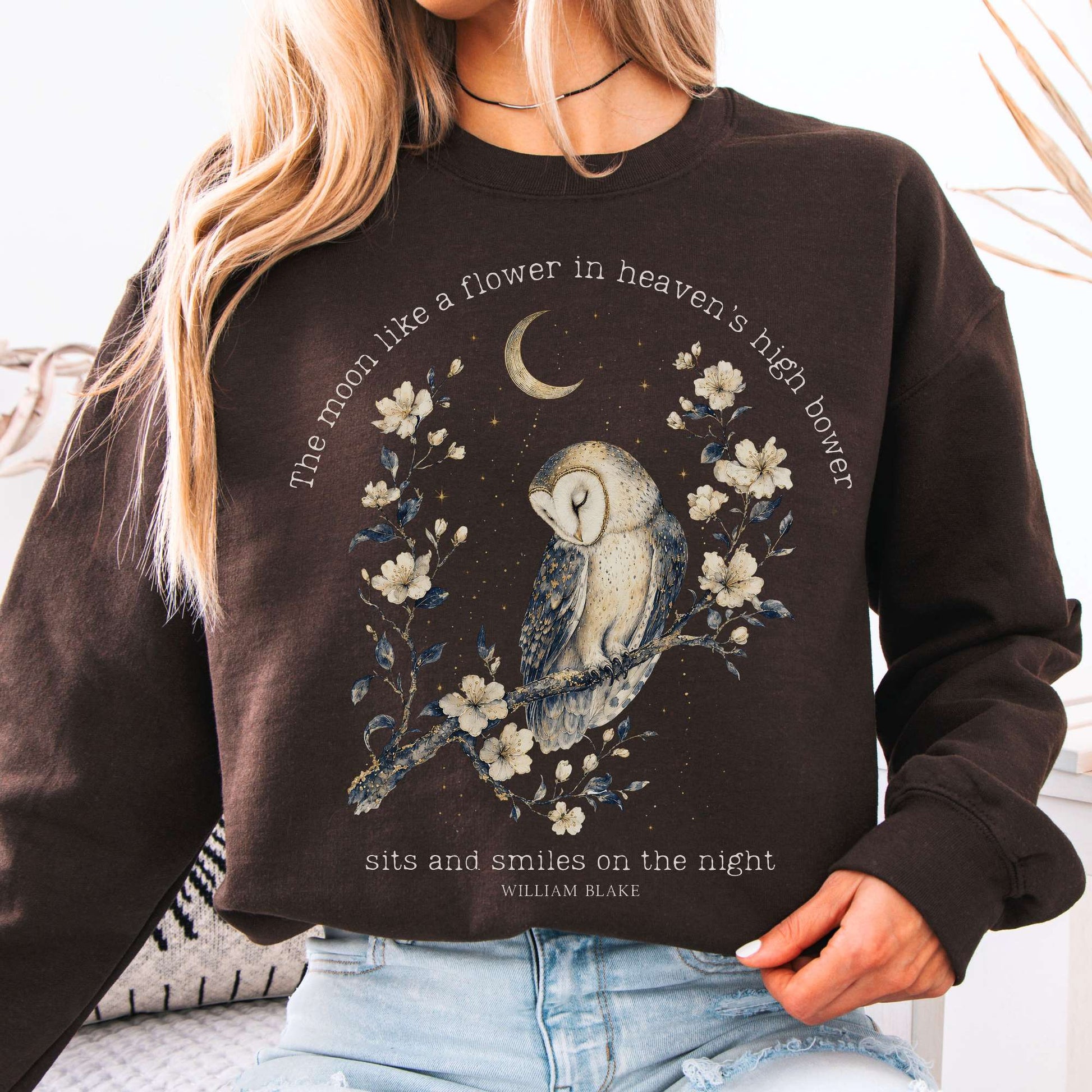 Sweatshirt Dark Chocolate / S The Moon Smiles On The Night William Blake Literary Crewneck Sweatshirt The Mystic Eden