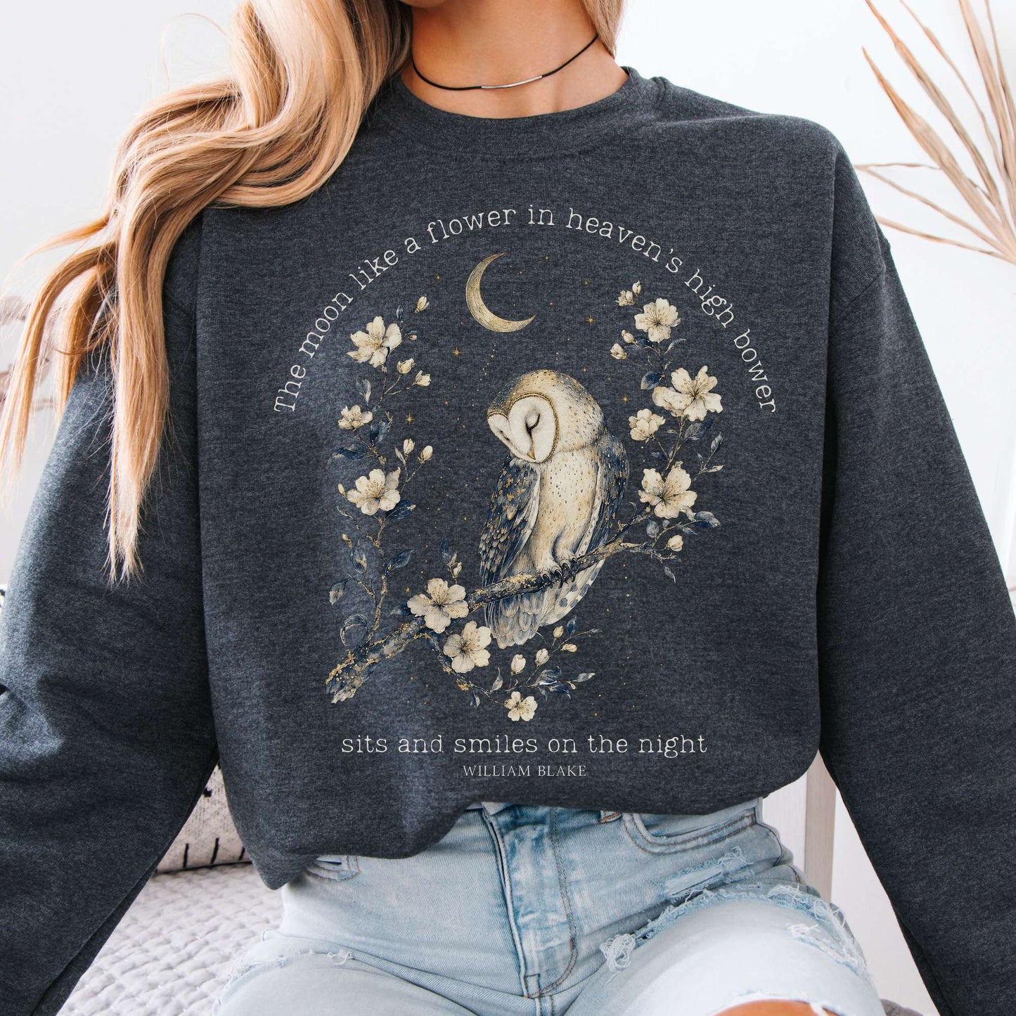 Sweatshirt Dark Heather / S The Moon Smiles On The Night William Blake Literary Crewneck Sweatshirt The Mystic Eden