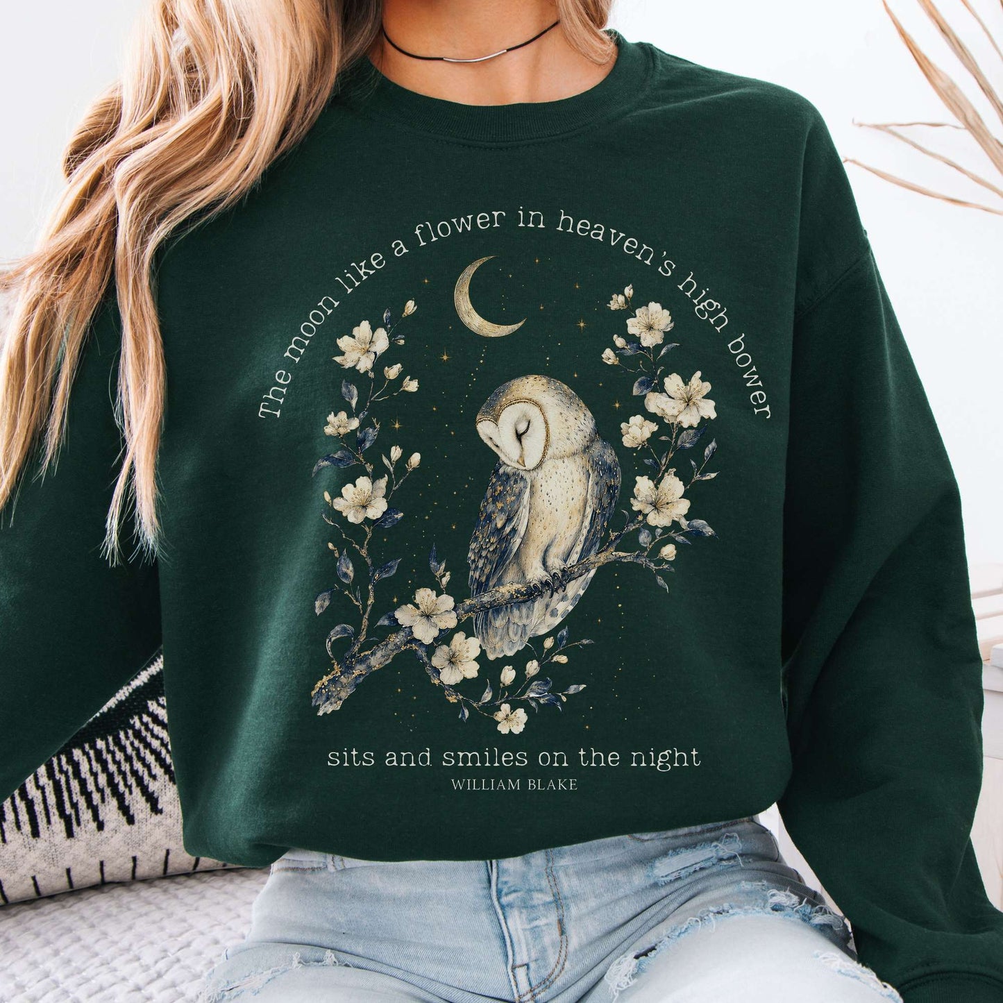 Sweatshirt Forest Green / S The Moon Smiles On The Night William Blake Literary Crewneck Sweatshirt The Mystic Eden