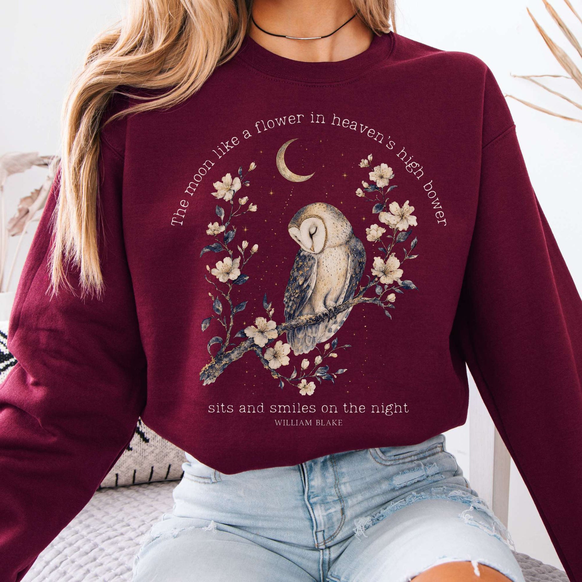 Sweatshirt Maroon / S The Moon Smiles On The Night William Blake Literary Crewneck Sweatshirt The Mystic Eden