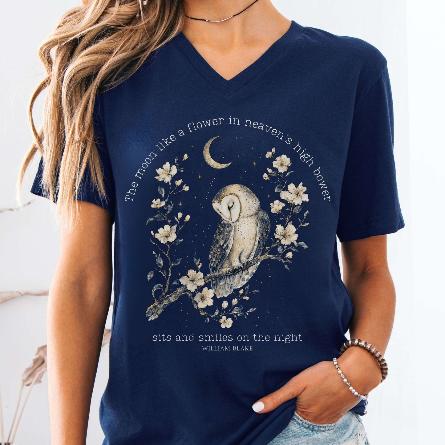 V-neck Navy / S The Moon Smiles On The Night William Blake Literary V-Neck The Mystic Eden