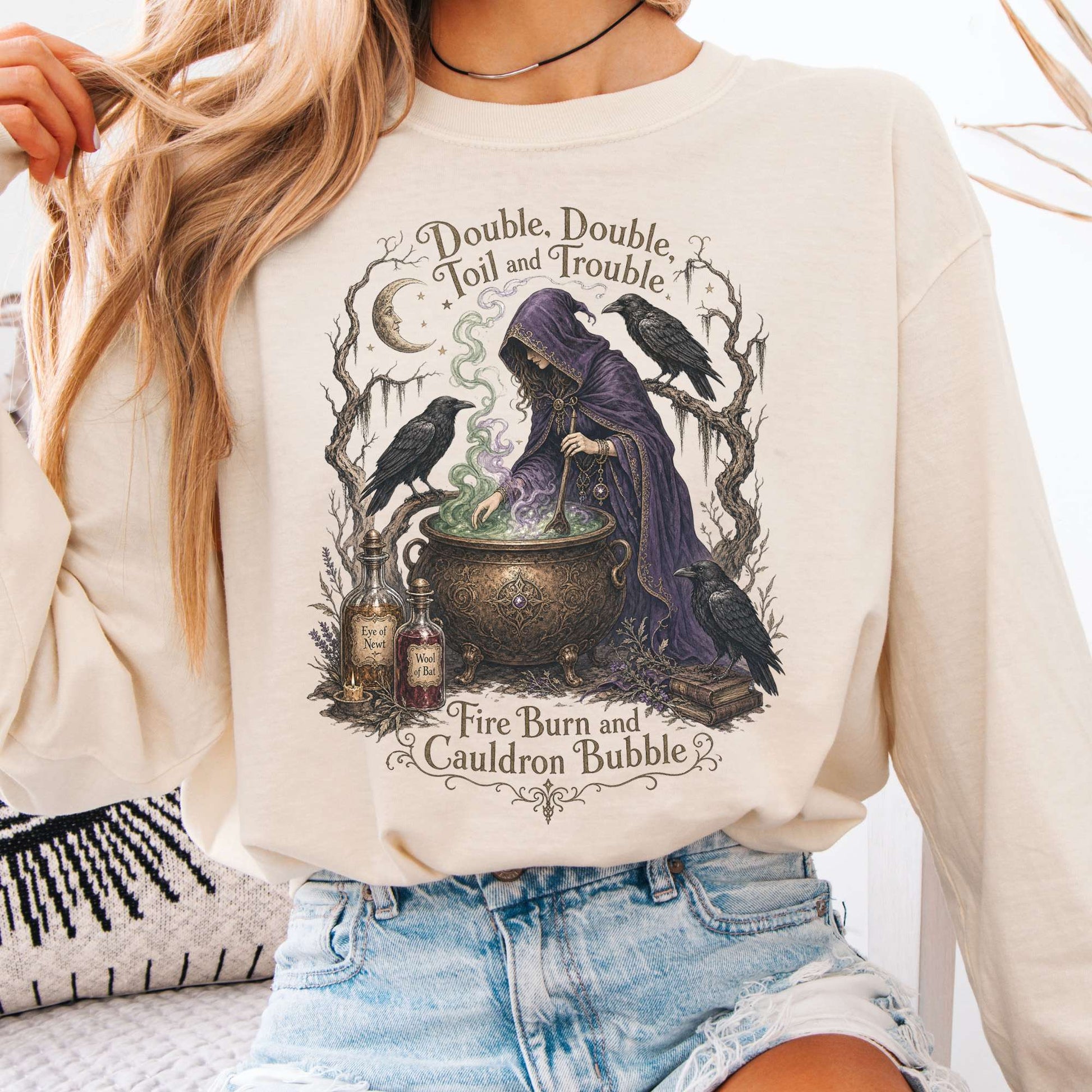 Long-sleeve Ivory / S Double Double Toil and Trouble Macbeth Witch Shakespeare Long Sleeve The Mystic Eden