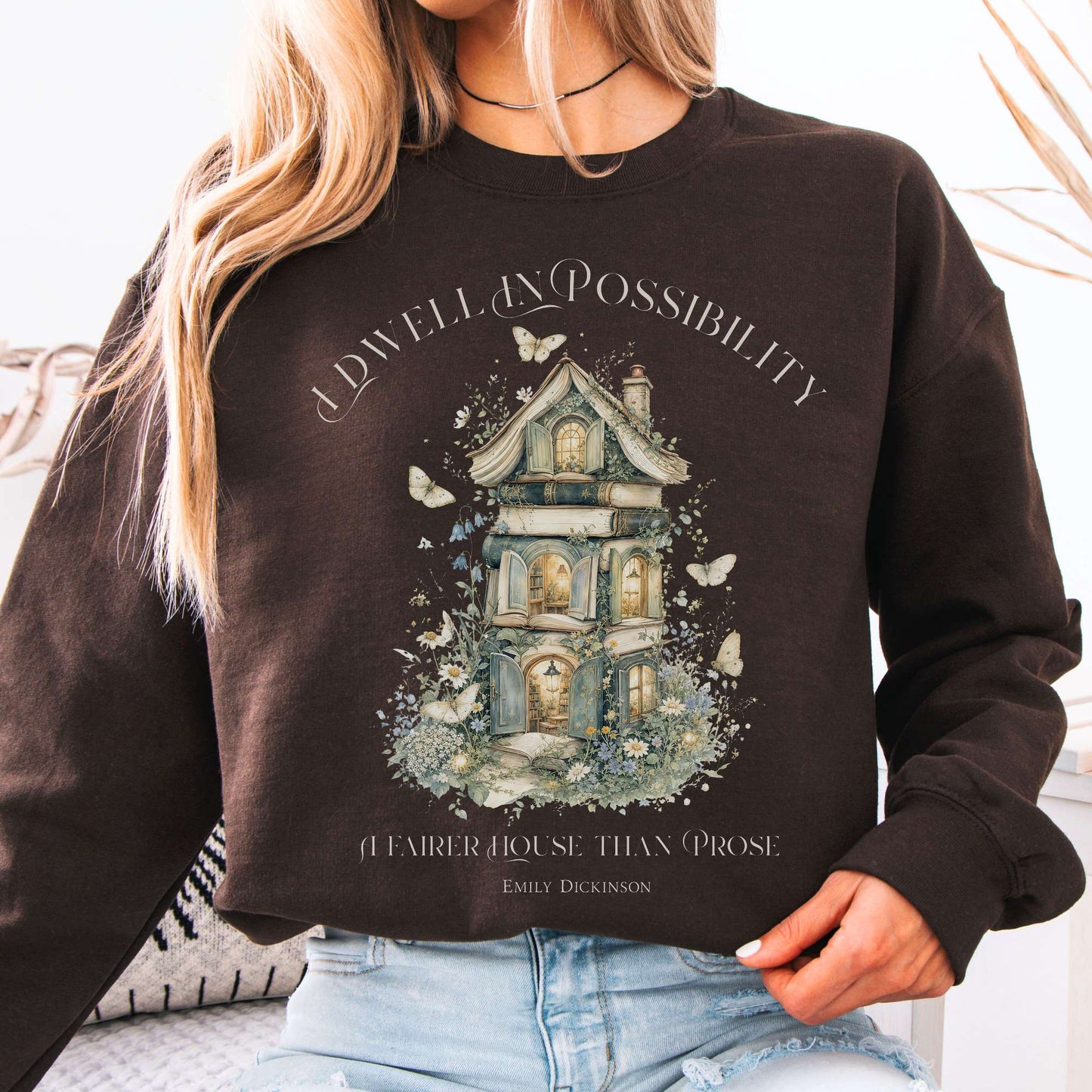 I Dwell in Possibility Emily Dickinson Literary Crewneck Sweatshirt