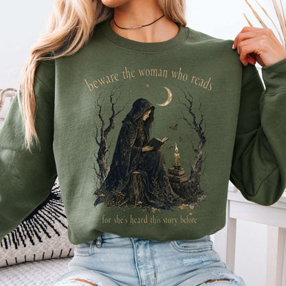Beware the Woman Who Reads Literary Crewneck Sweatshirt