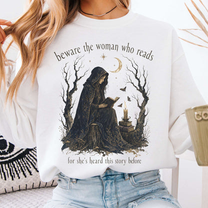 Beware the Woman Who Reads Literary Crewneck Sweatshirt
