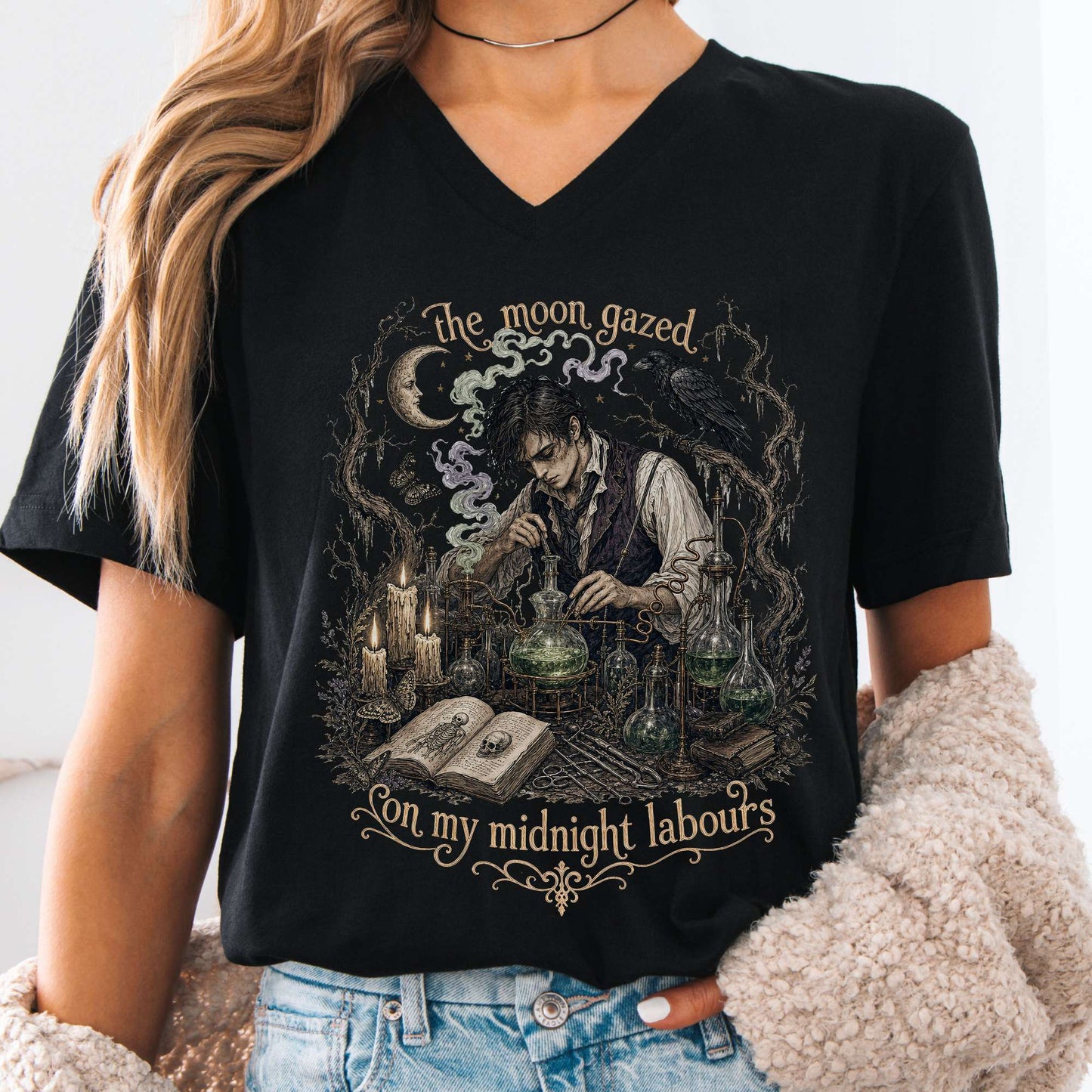 The Moon Gazed on My Midnight Labours Mary Shelley Frankenstein Literary V-Neck
