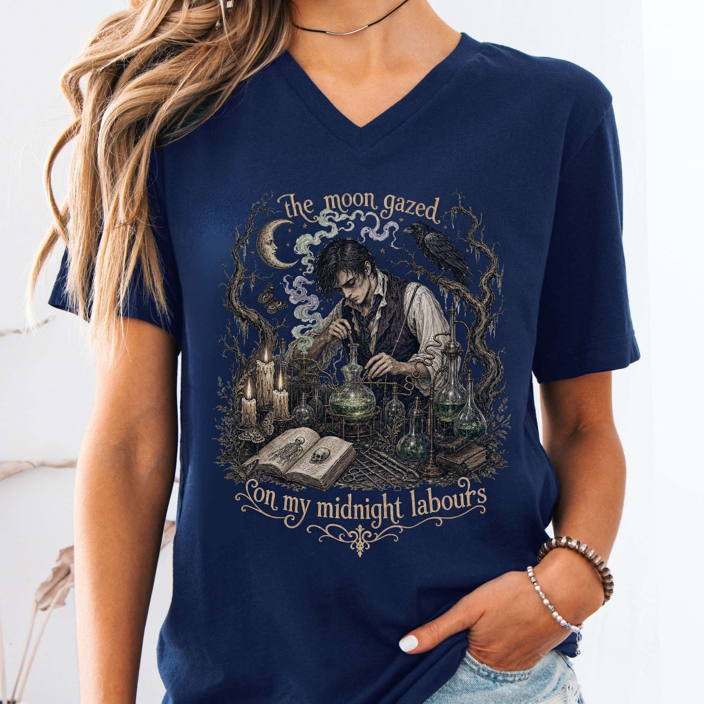 The Moon Gazed on My Midnight Labours Mary Shelley Frankenstein Literary V-Neck