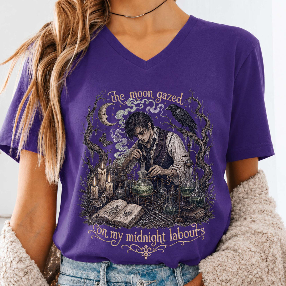 The Moon Gazed on My Midnight Labours Mary Shelley Frankenstein Literary V-Neck