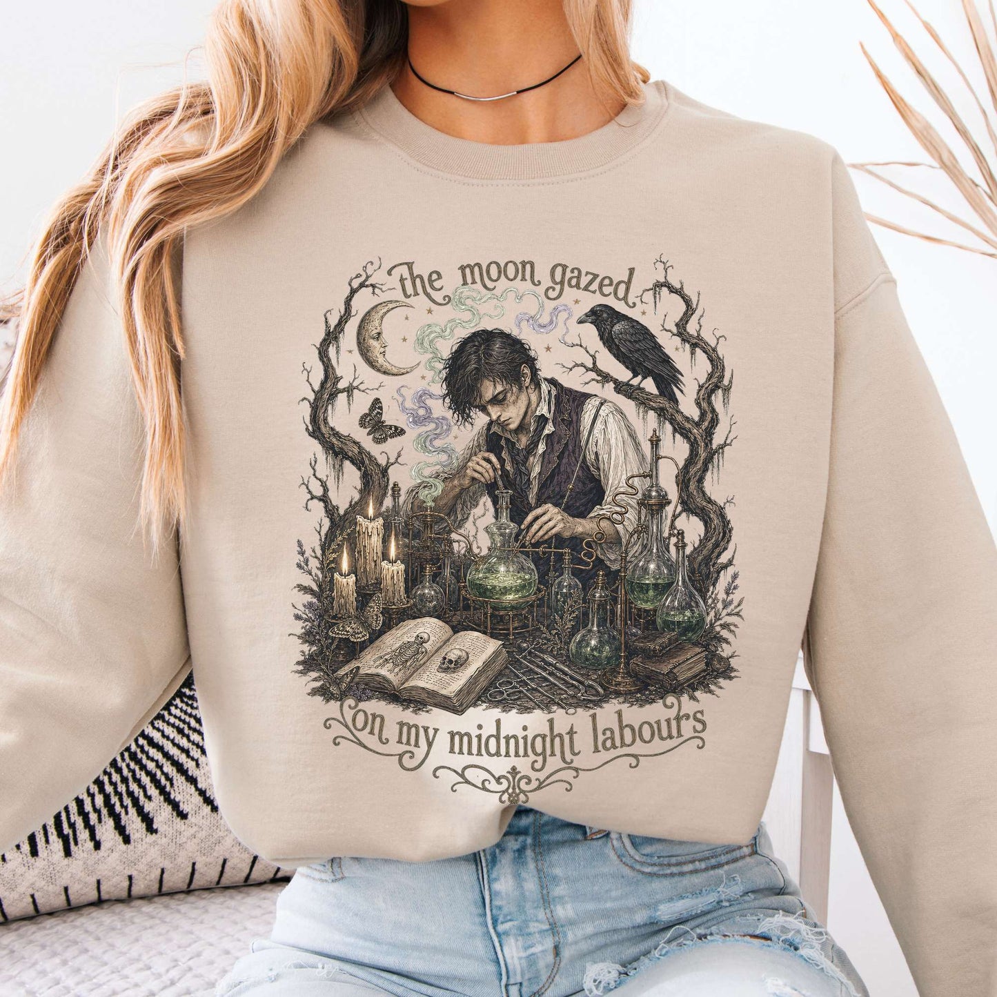 The Moon Gazed on My Midnight Labours Mary Shelley Frankenstein Literary Crewneck Sweatshirt