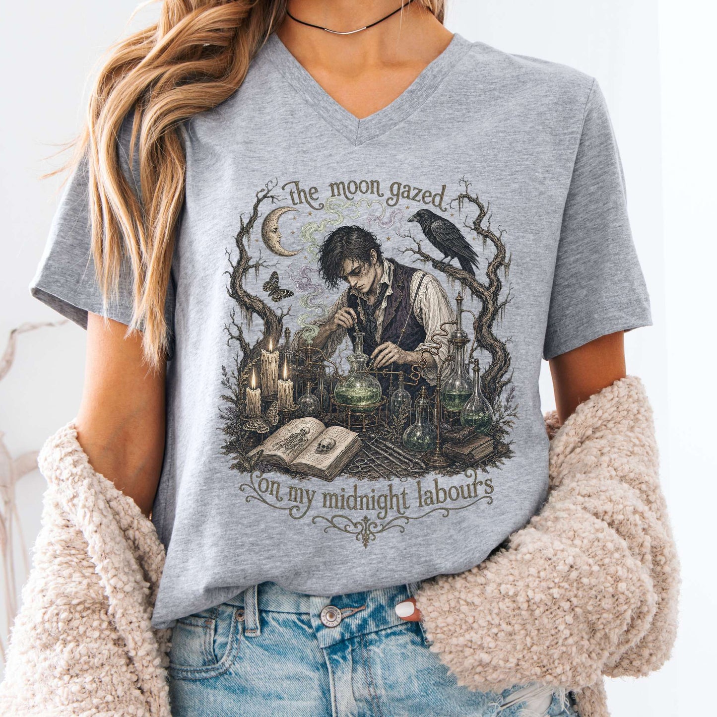 The Moon Gazed on My Midnight Labours Mary Shelley Frankenstein Literary V-Neck