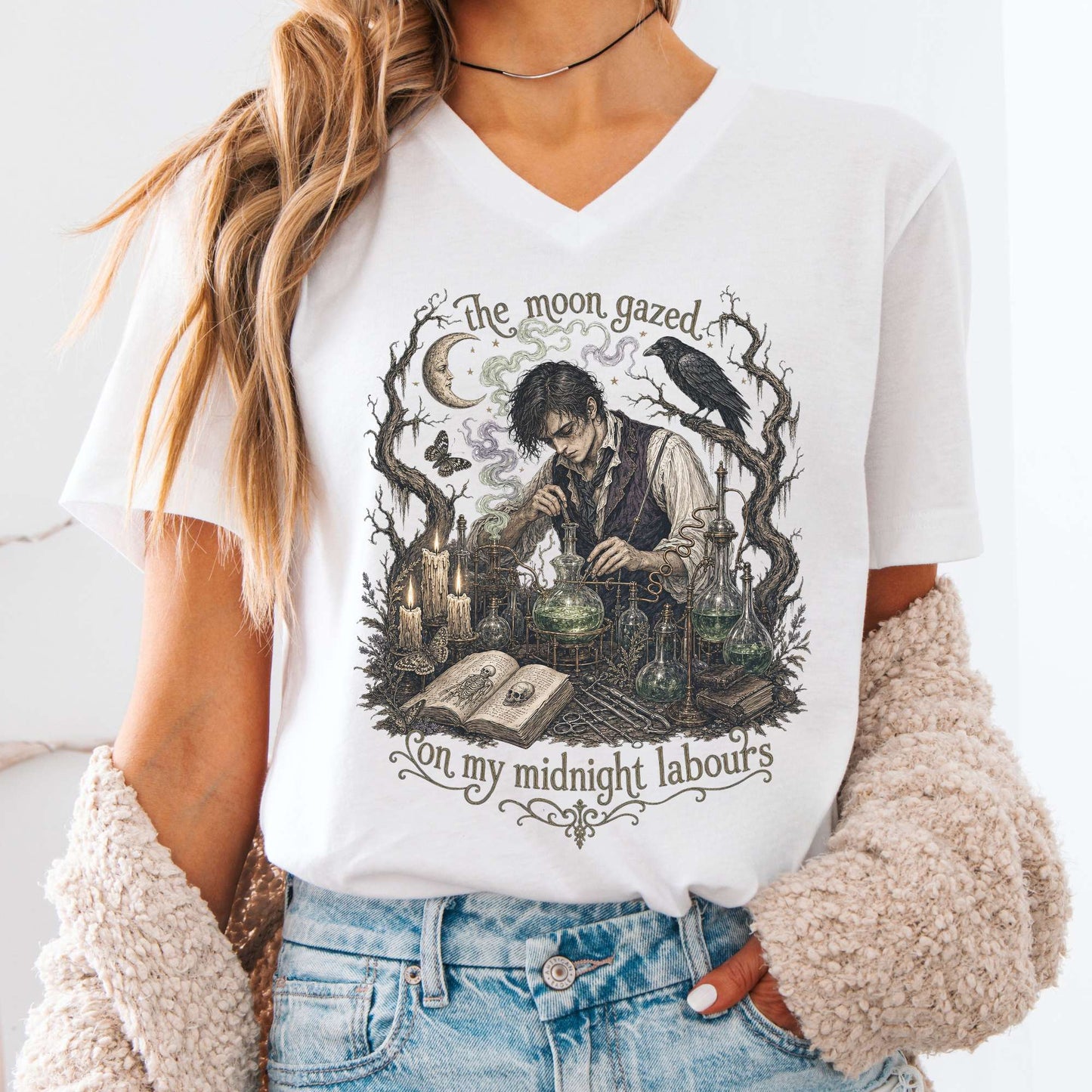 The Moon Gazed on My Midnight Labours Mary Shelley Frankenstein Literary V-Neck