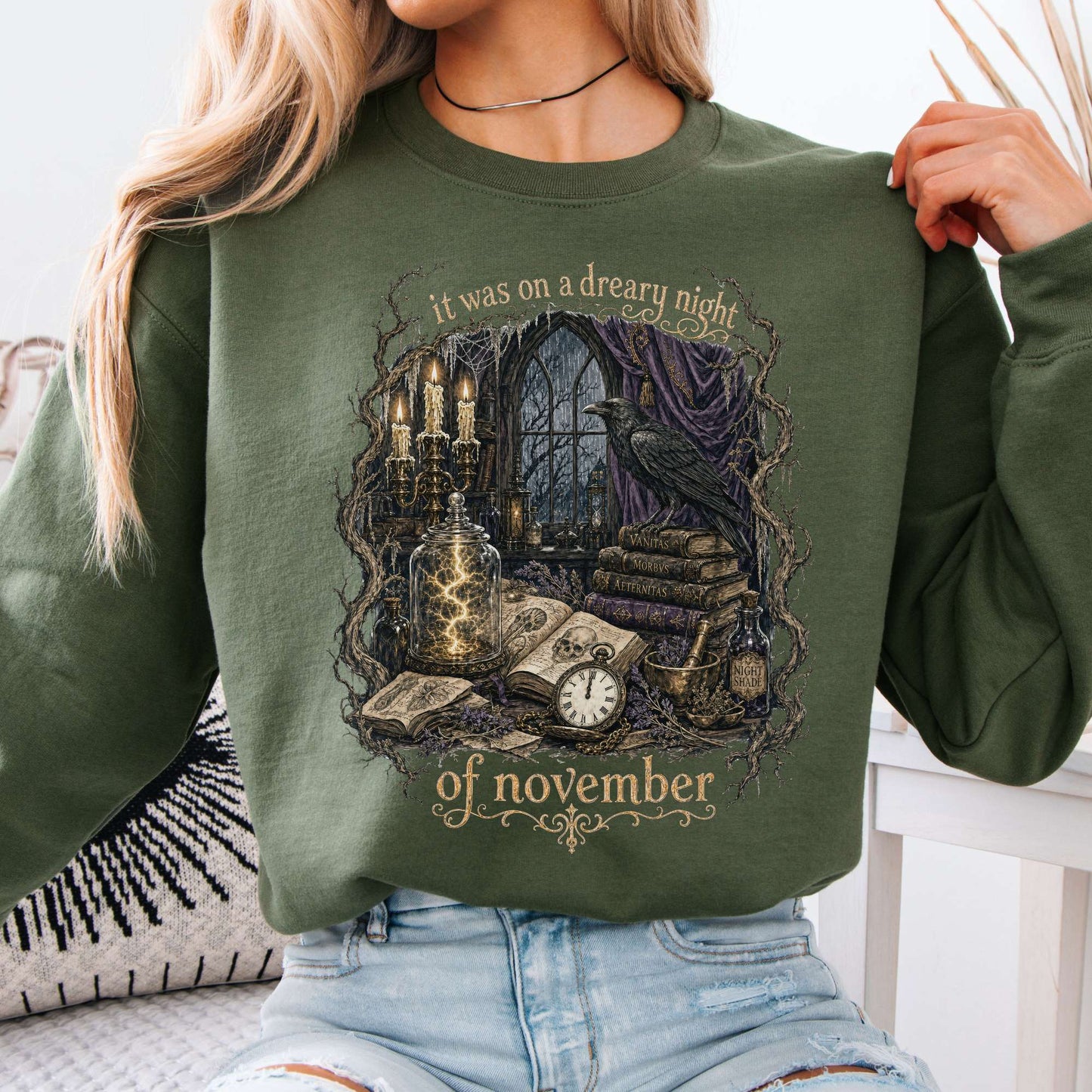 It Was on a Dreary Night Frankenstein Mary Shelley Literary Crewneck Sweatshirt