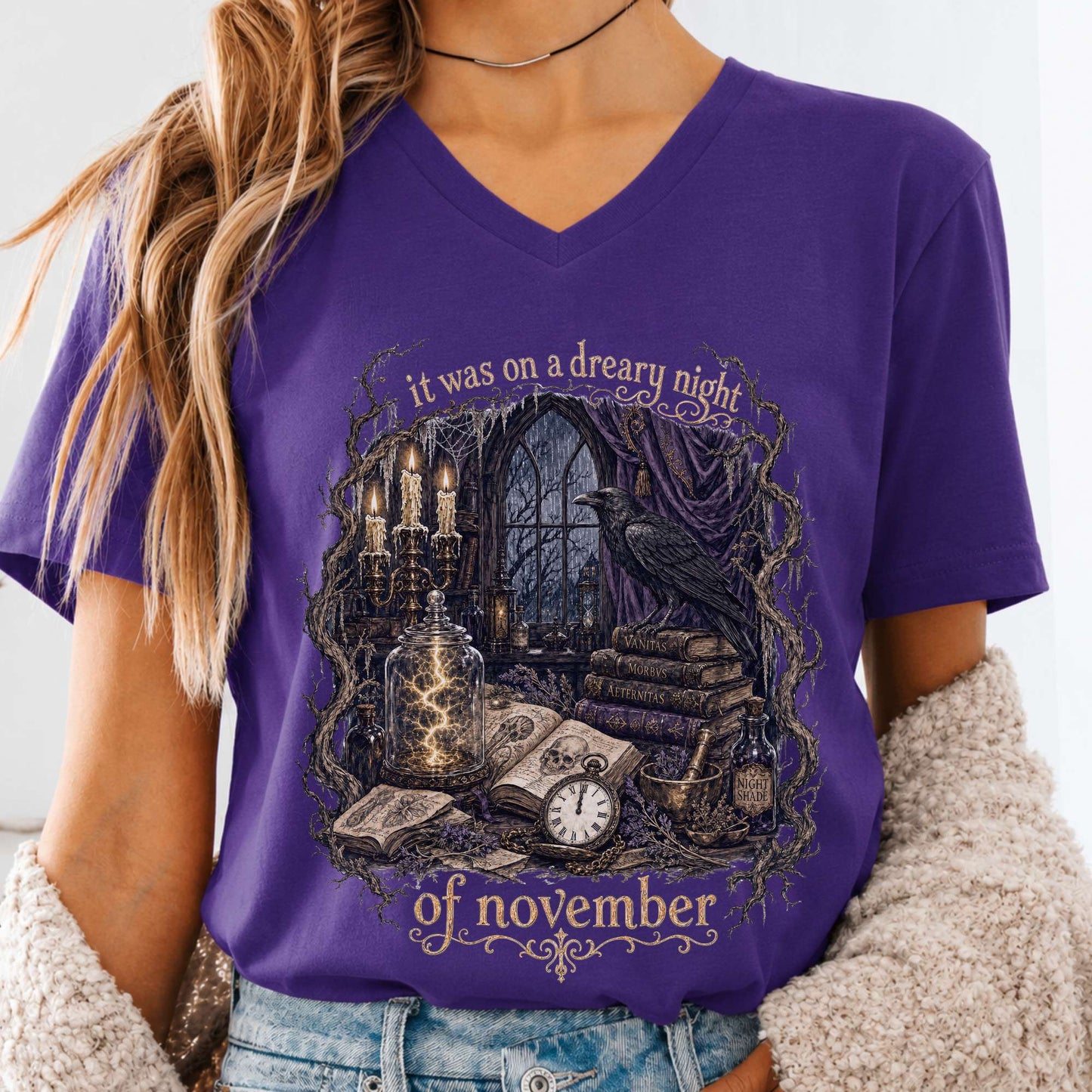It Was on a Dreary Night Frankenstein Mary Shelley Literary V-Neck