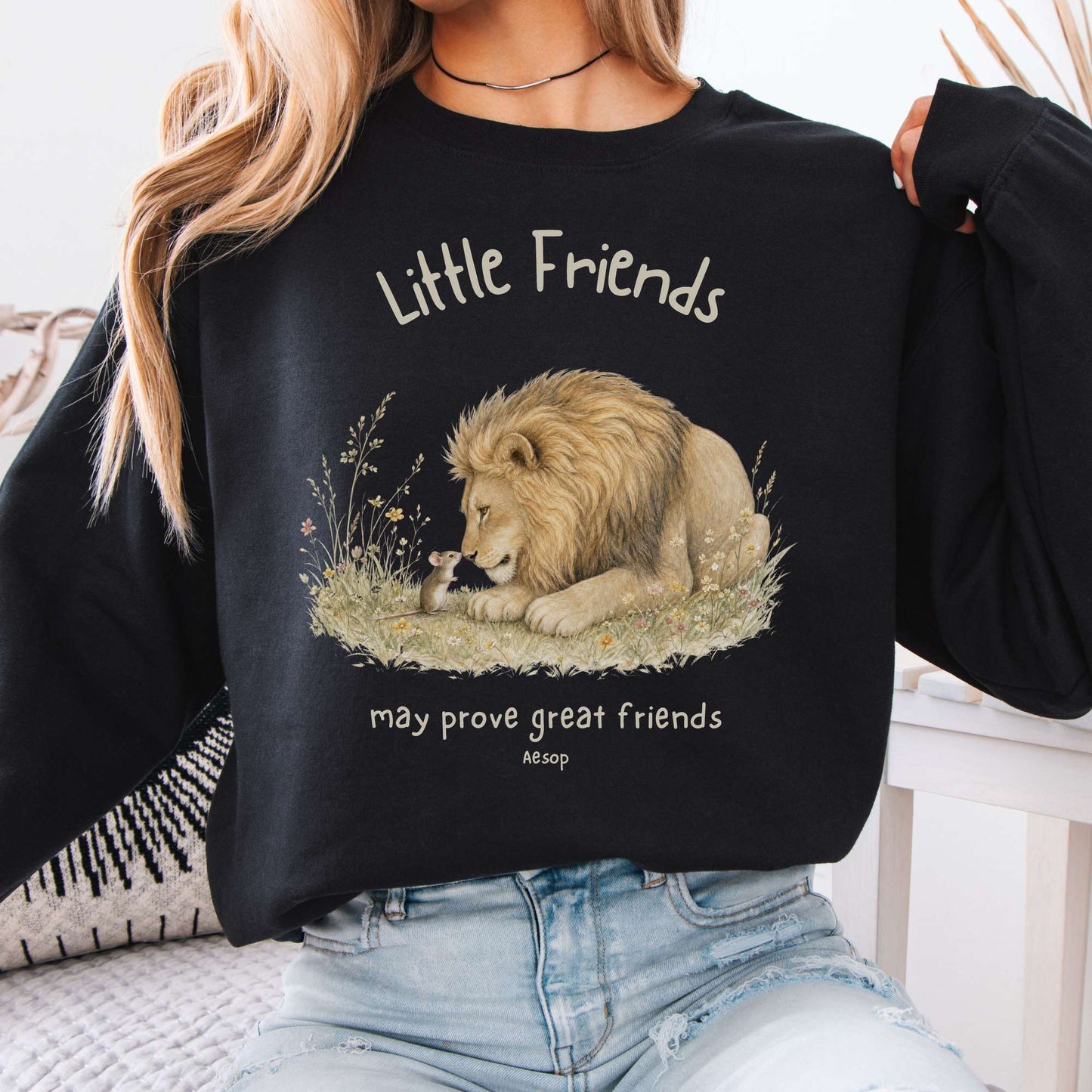 Little Friends The Lion and the Mouse Aesop Crewneck Sweatshirt