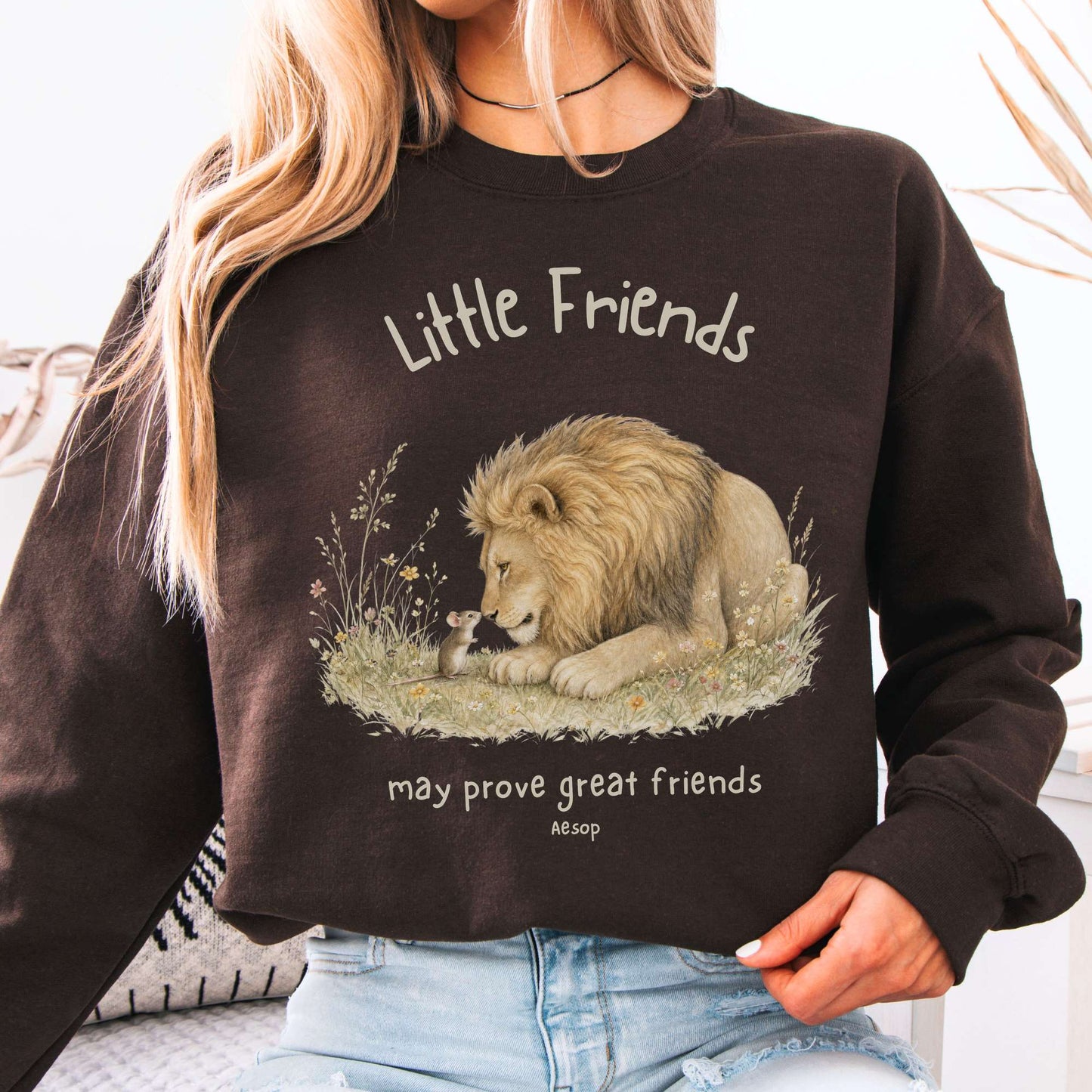 Little Friends The Lion and the Mouse Aesop Crewneck Sweatshirt