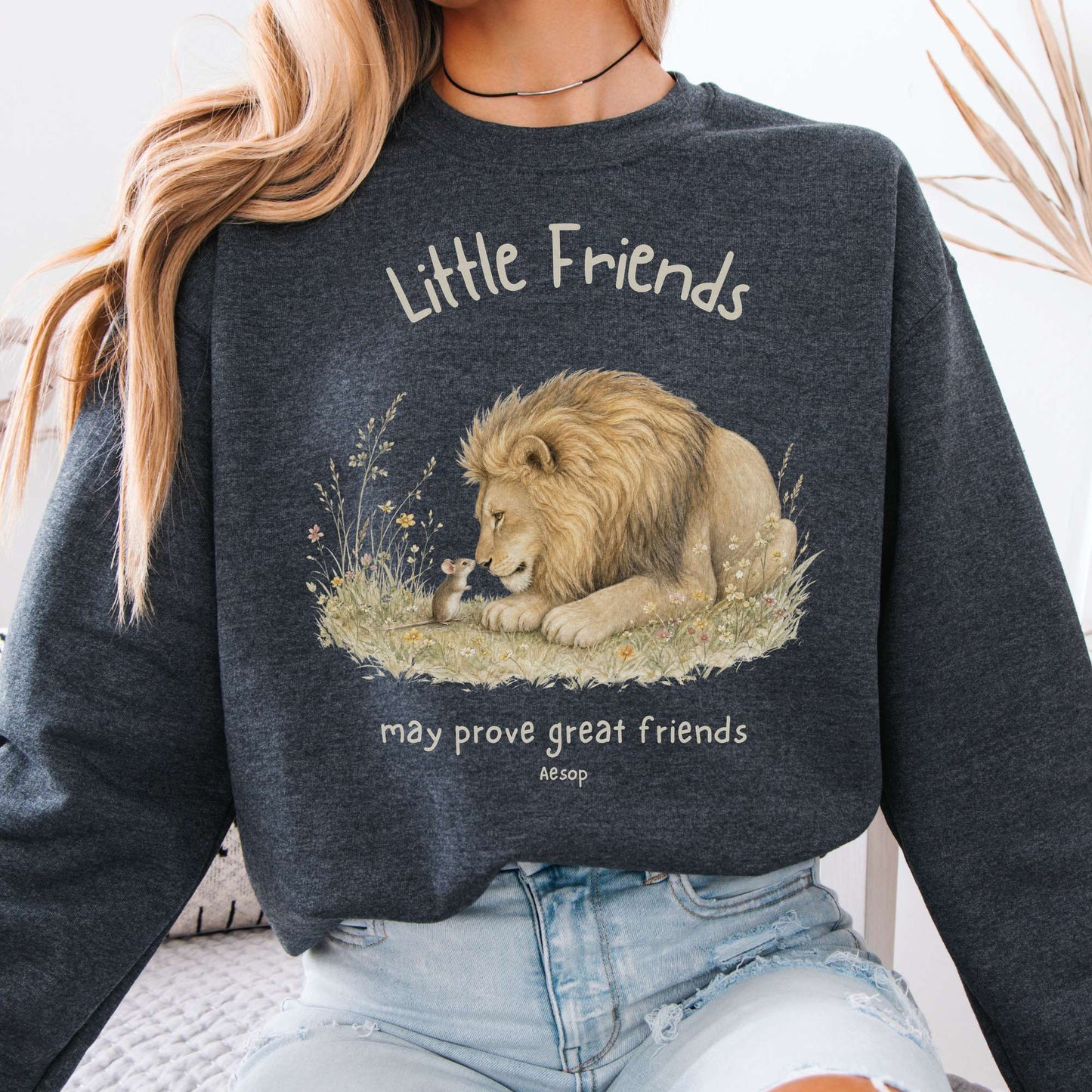 Little Friends The Lion and the Mouse Aesop Crewneck Sweatshirt