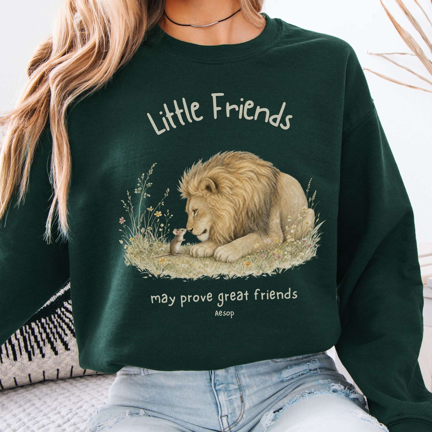Little Friends The Lion and the Mouse Aesop Crewneck Sweatshirt