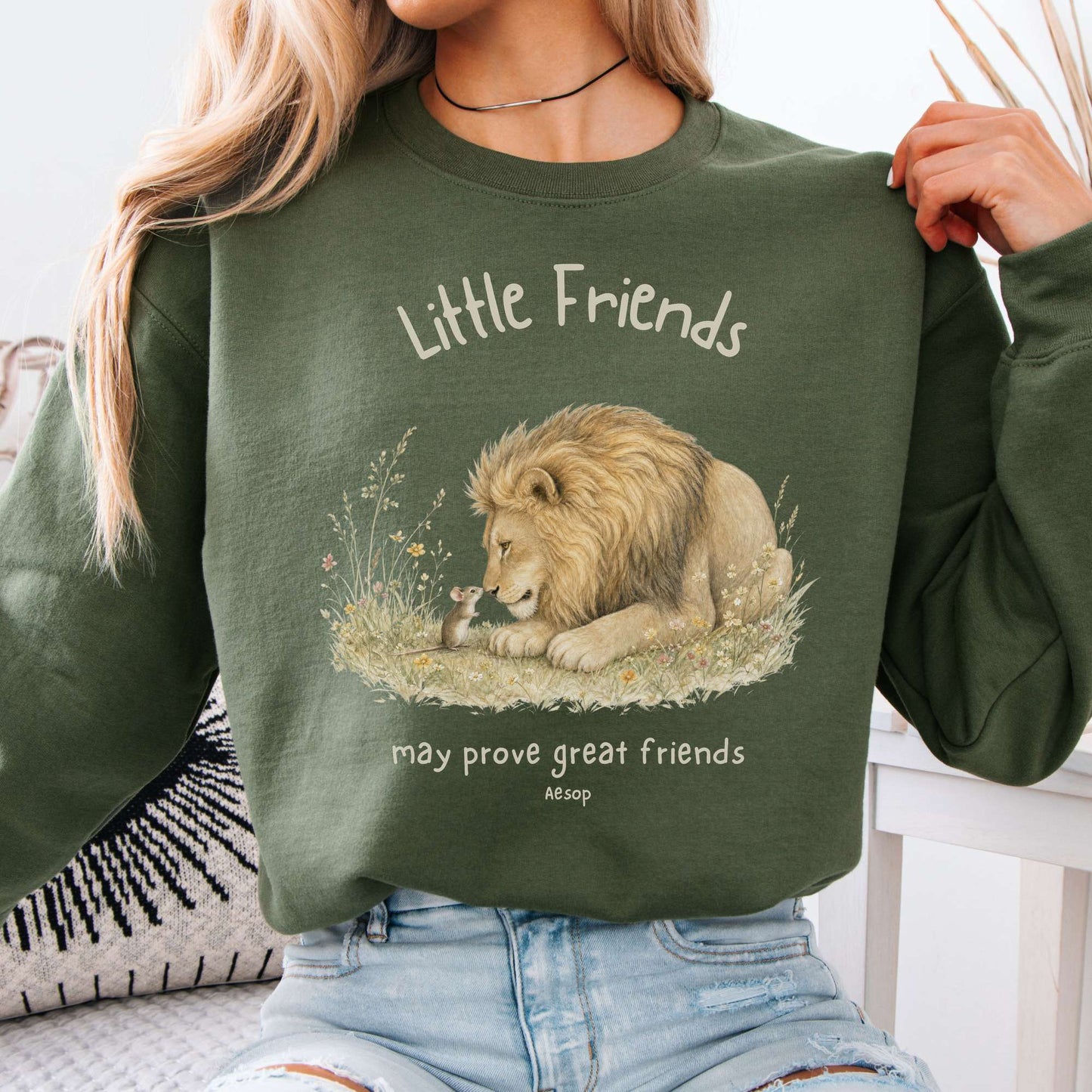 Little Friends The Lion and the Mouse Aesop Crewneck Sweatshirt