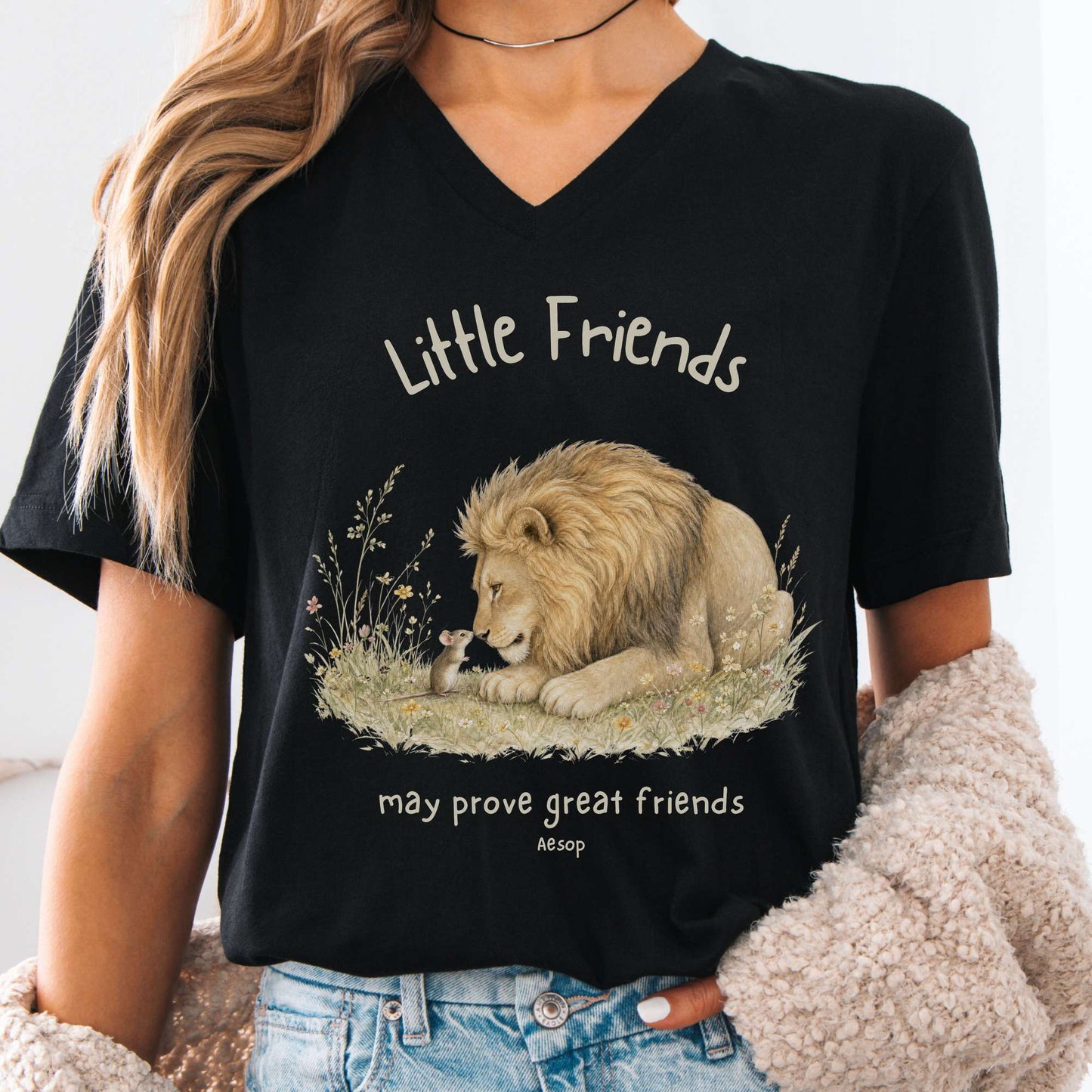 Little Friends The Lion and the Mouse Aesop V-Neck