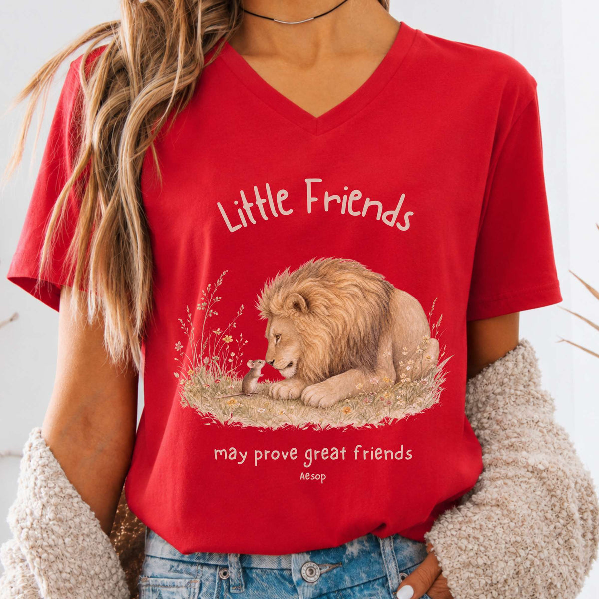 Little Friends The Lion and the Mouse Aesop V-Neck
