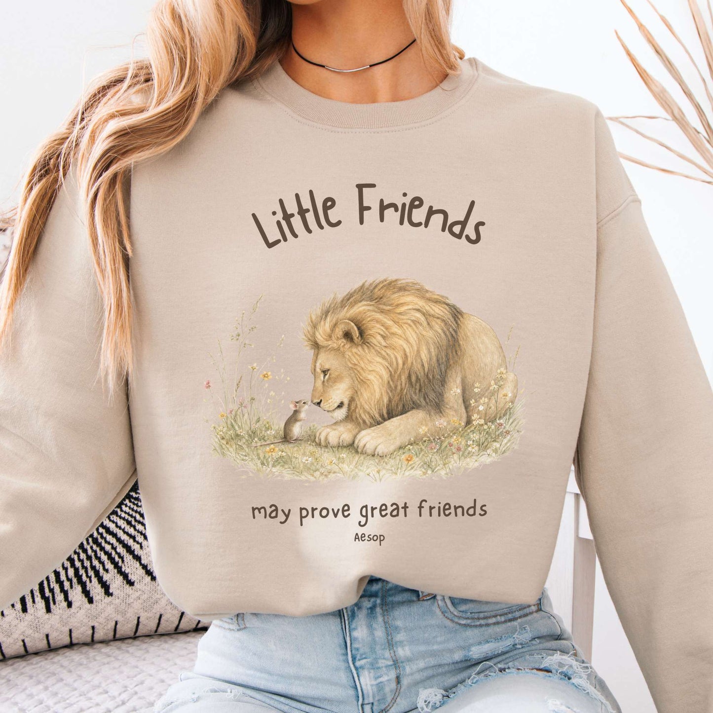 Little Friends The Lion and the Mouse Aesop Crewneck Sweatshirt