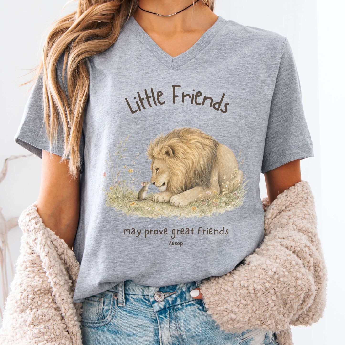 Little Friends The Lion and the Mouse Aesop V-Neck