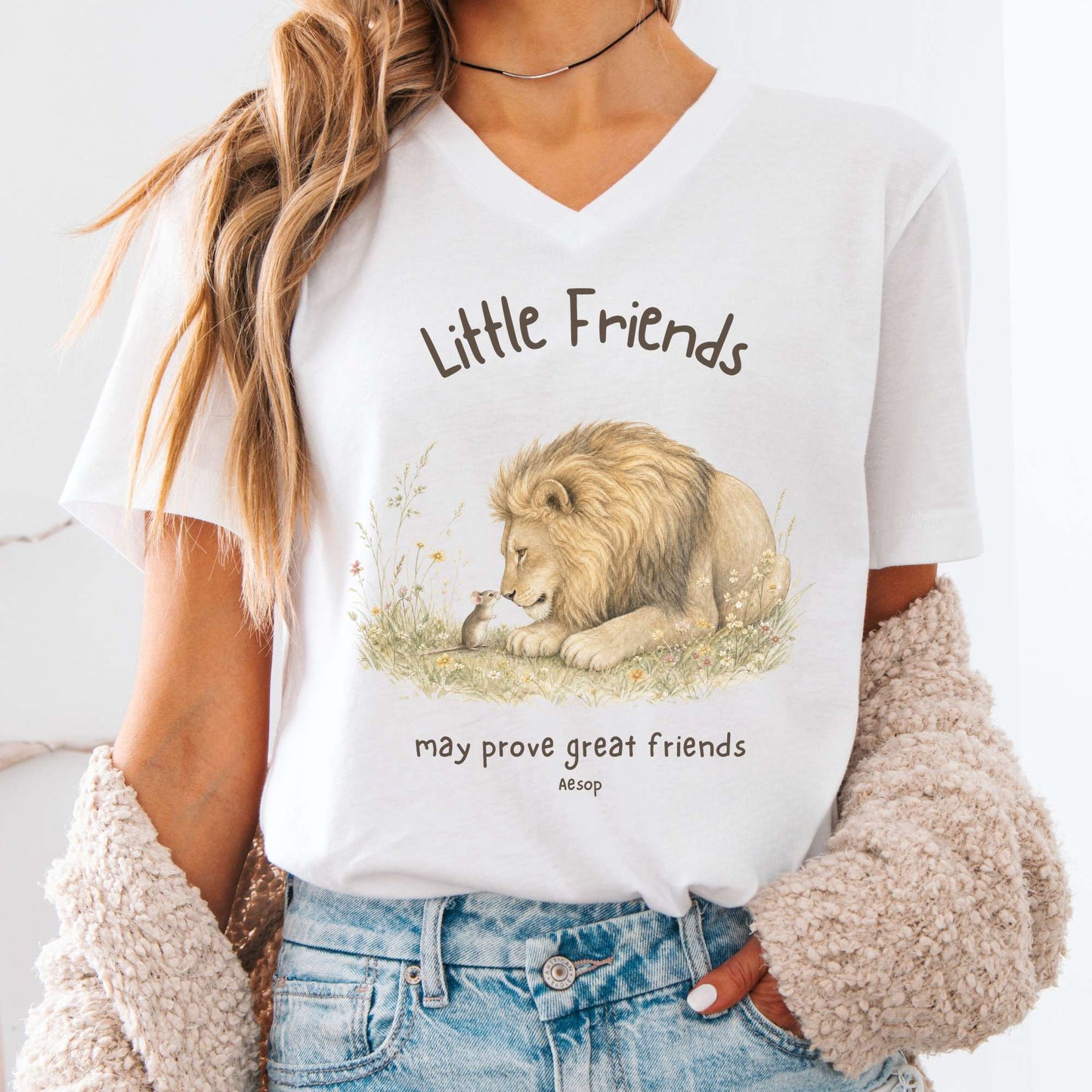 Little Friends The Lion and the Mouse Aesop V-Neck