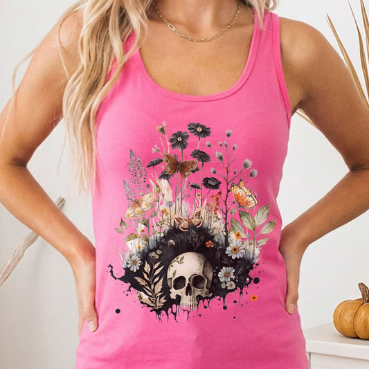Tank Top Solid Hot Pink / XS Skull Dark Cottagecore Women's Racerback Tank Top The Mystic Eden