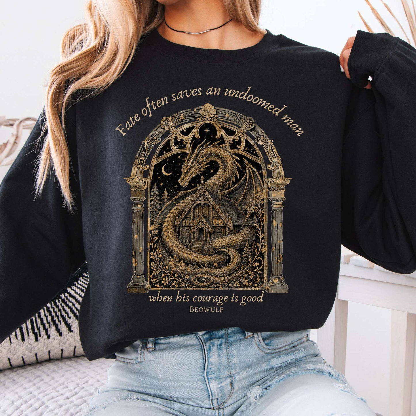 Where His Courage Is Good Beowulf Literary Crewneck Sweatshirt