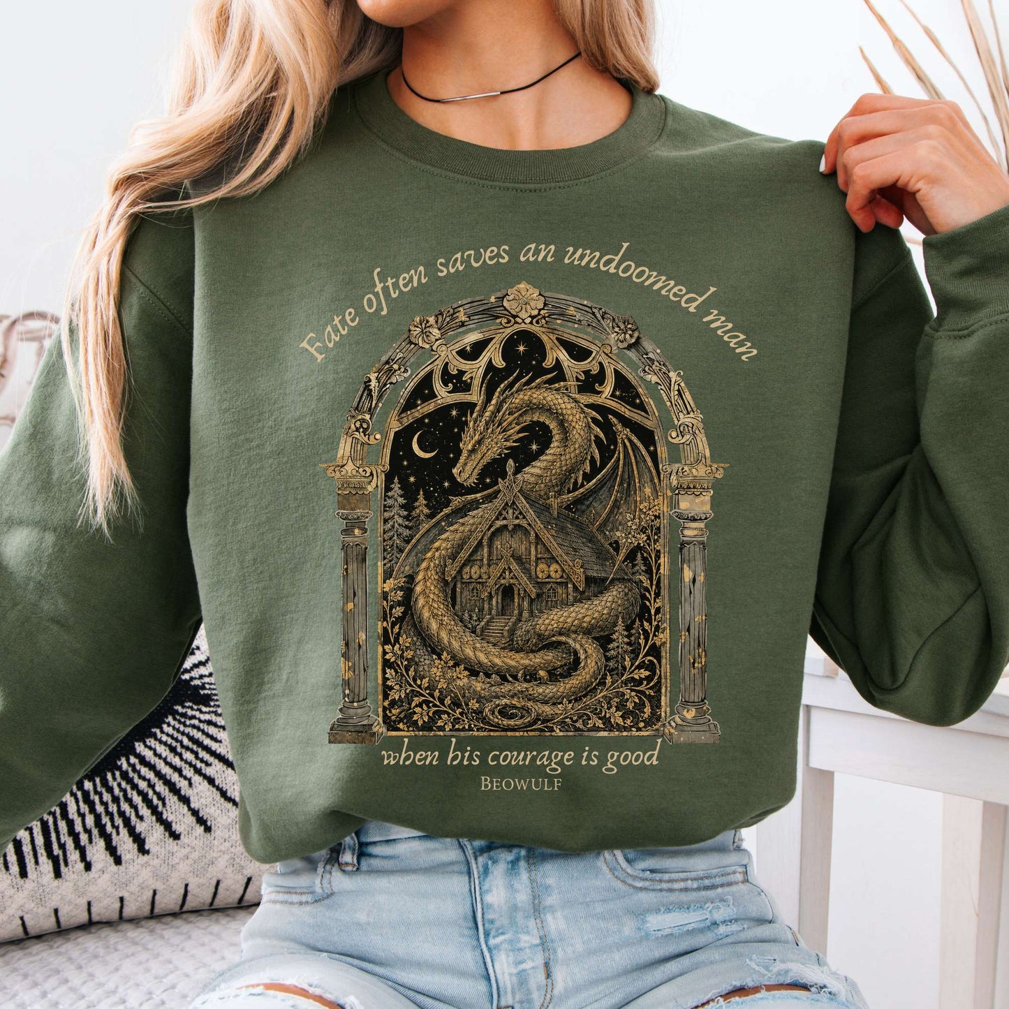 Where His Courage Is Good Beowulf Literary Crewneck Sweatshirt