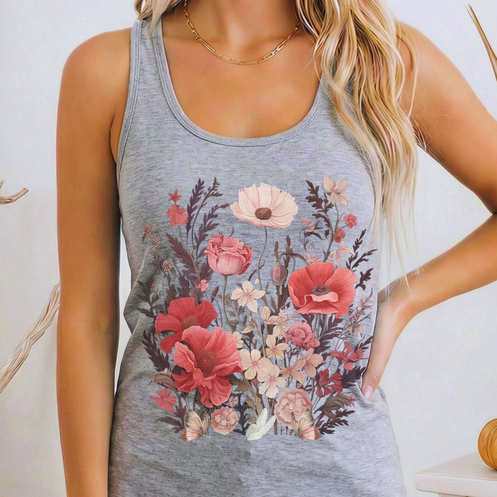 Tank Top Heather Grey / XS Dusky Pink Wildflowers Women's Racerback Tank Top The Mystic Eden