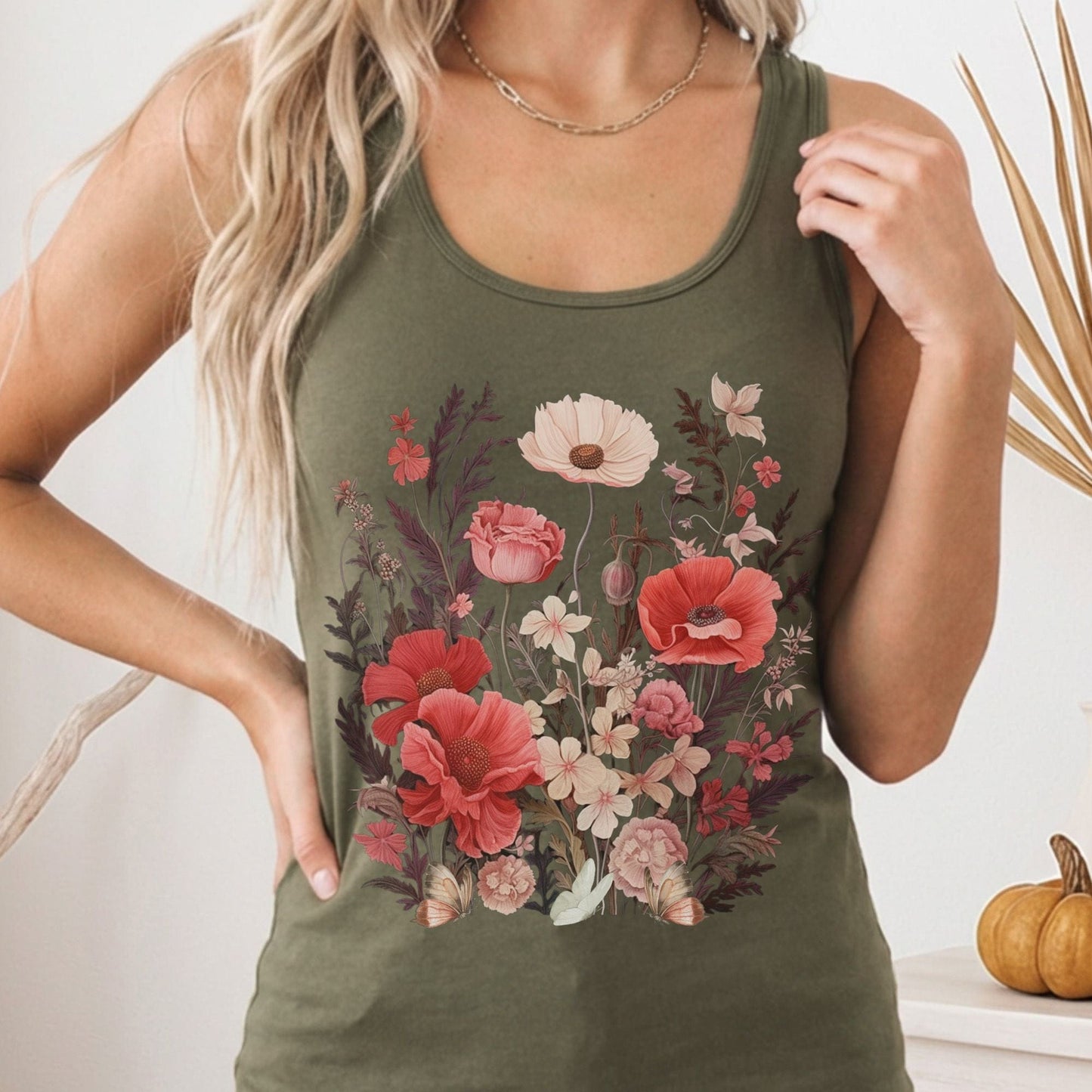 Tank Top Solid Military Green / XS Dusky Pink Wildflowers Women's Racerback Tank Top The Mystic Eden