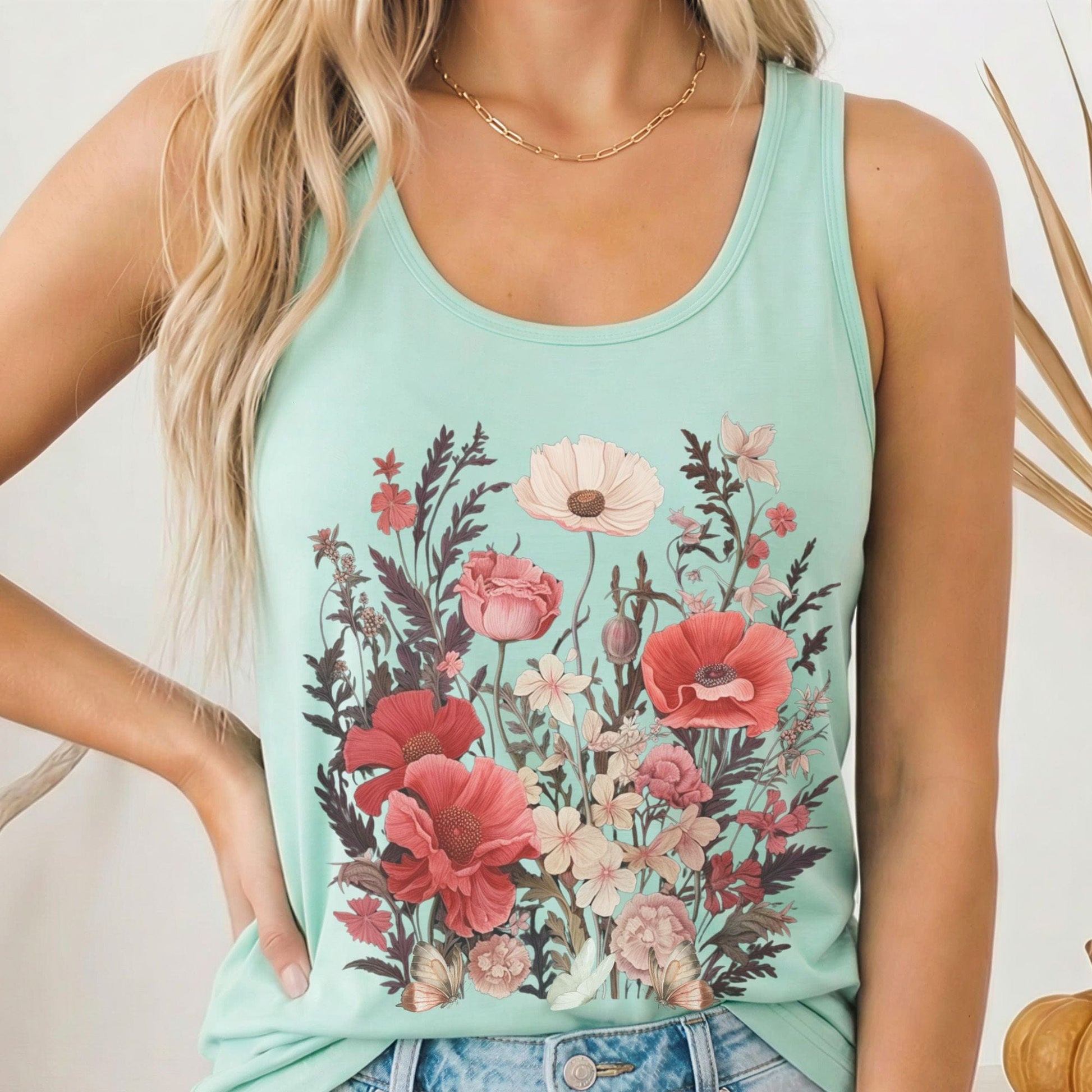 Tank Top Solid Mint / XS Dusky Pink Wildflowers Women's Racerback Tank Top The Mystic Eden
