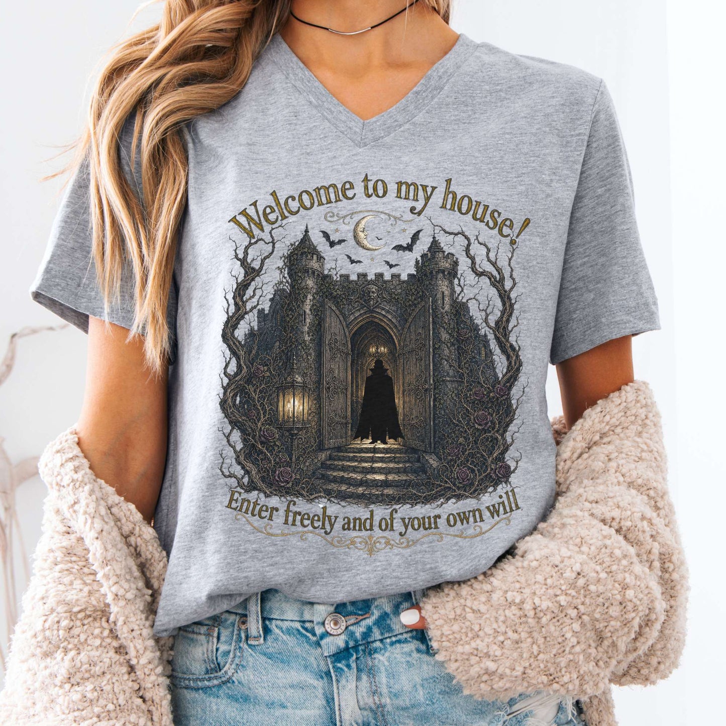 Welcome to My House Enter Freely Dracula V-Neck