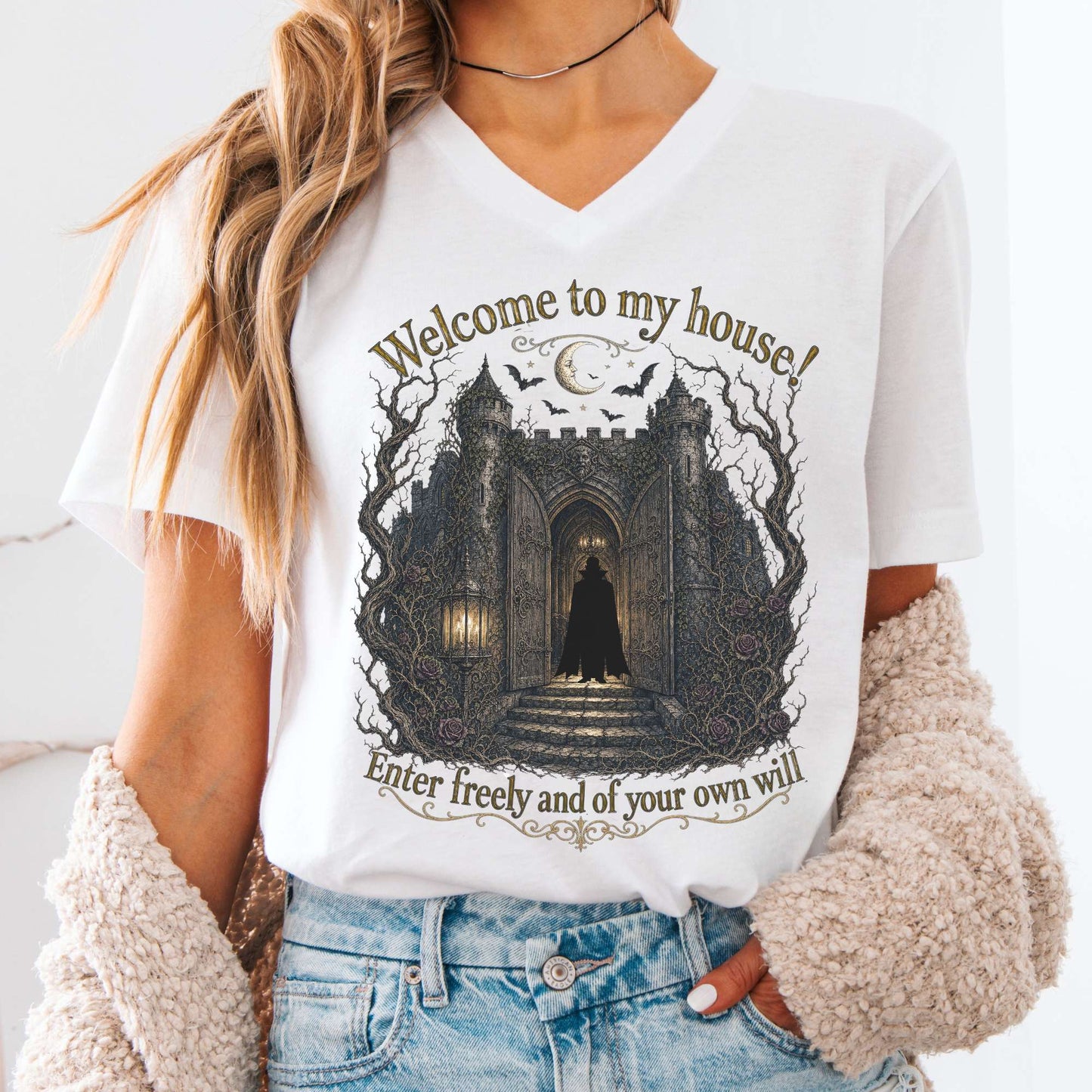 Welcome to My House Enter Freely Dracula V-Neck