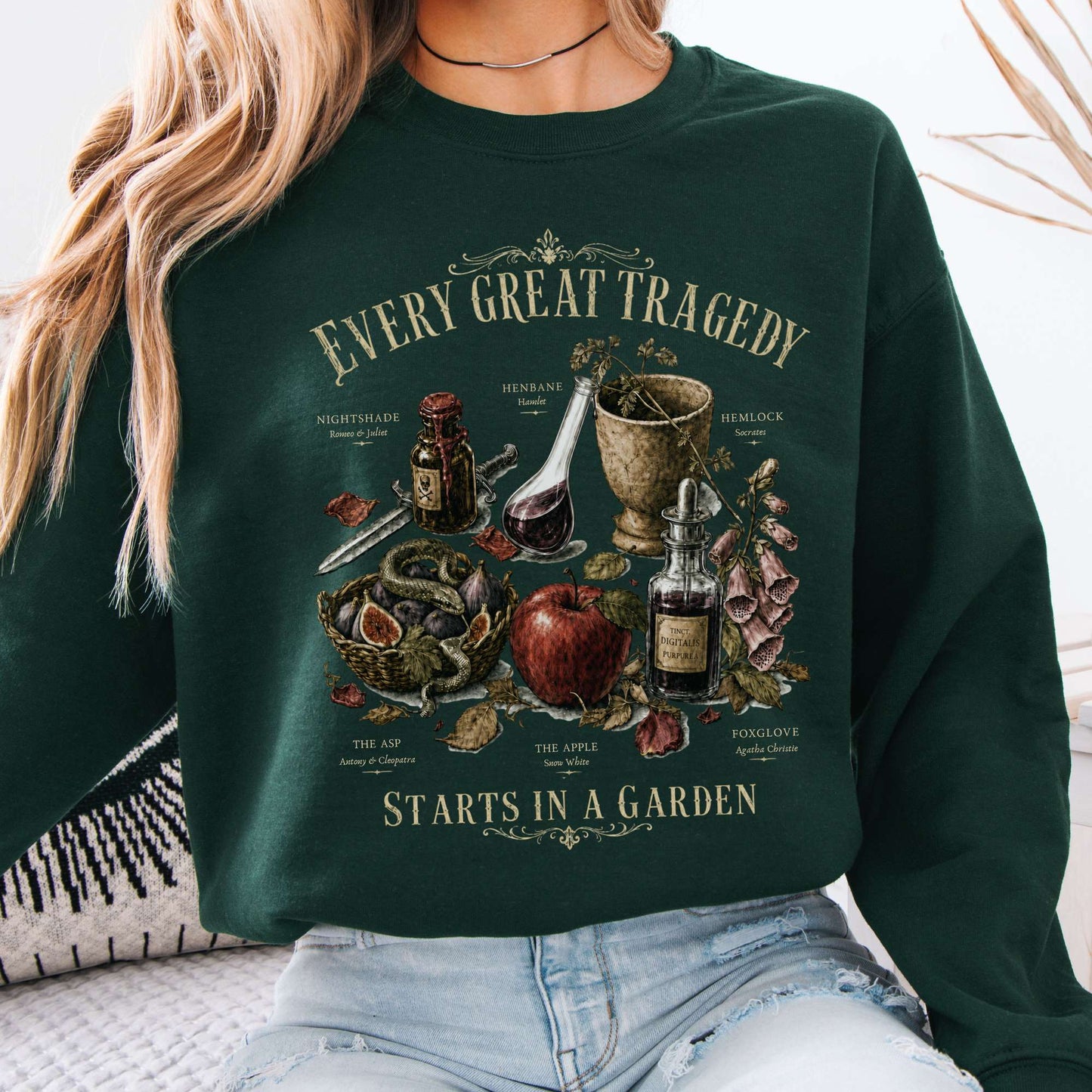 Every Great Tragedy Starts in a Garden Literary Crewneck Sweatshirt