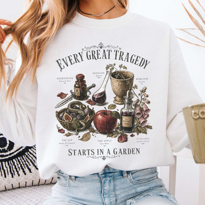 Every Great Tragedy Starts in a Garden Literary Crewneck Sweatshirt