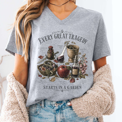 Every Great Tragedy Starts in a Garden Literary V-Neck