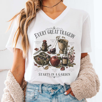 Every Great Tragedy Starts in a Garden Literary V-Neck