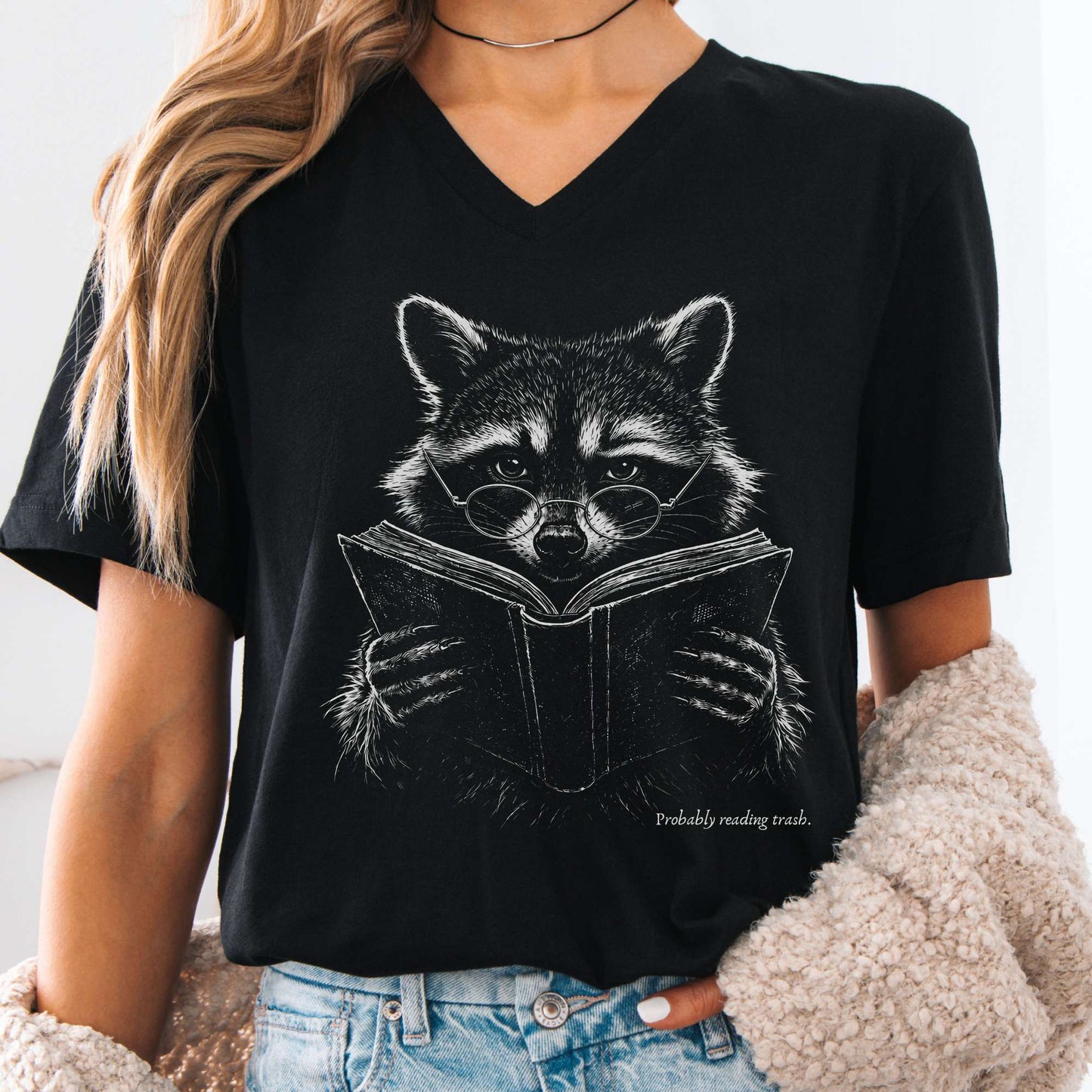 Probably Reading Trash Raccoon Literary V-Neck