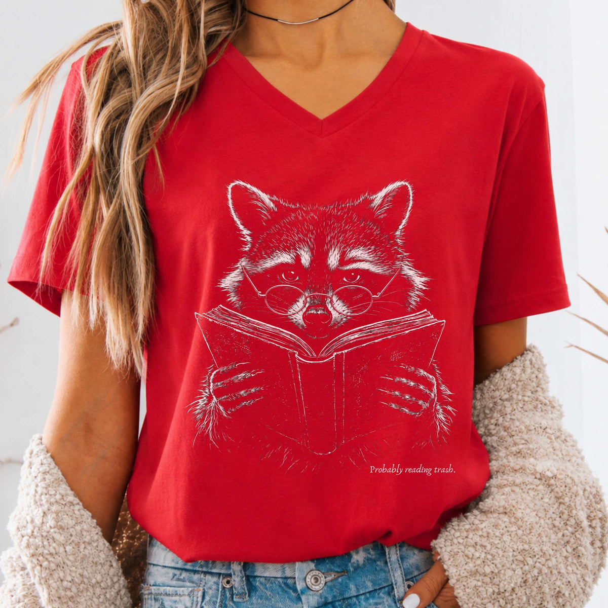 Probably Reading Trash Raccoon Literary V-Neck